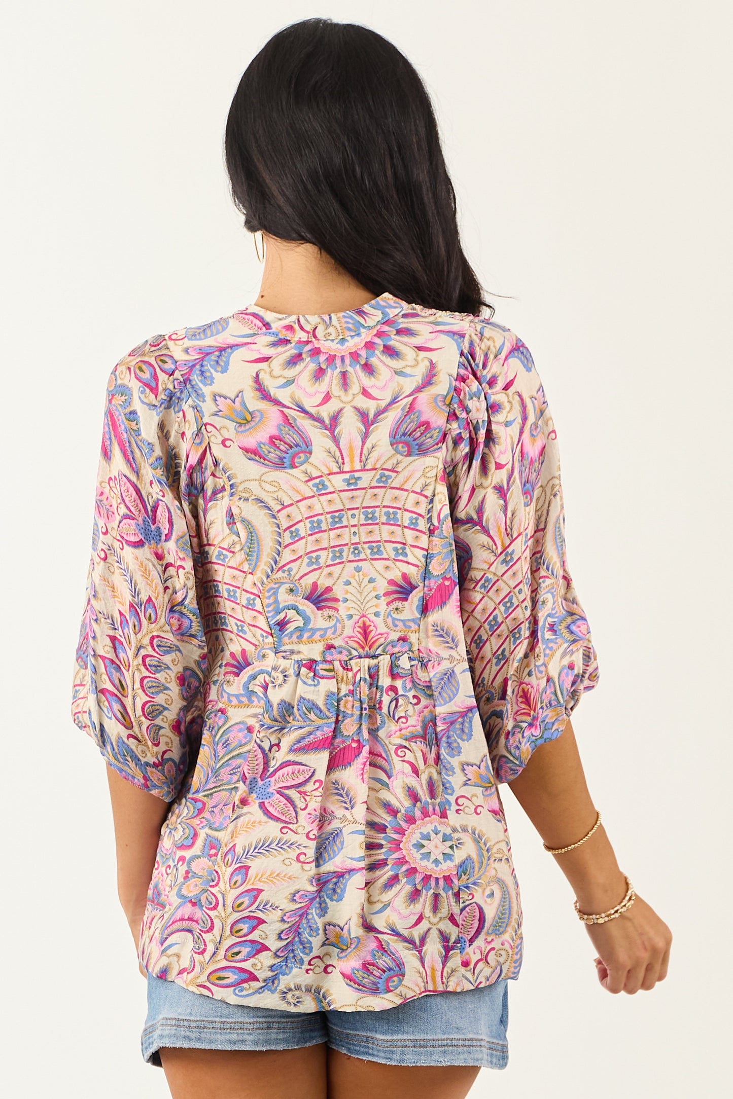 Almond Boho Scarf Print Relaxed Half Sleeve Top
