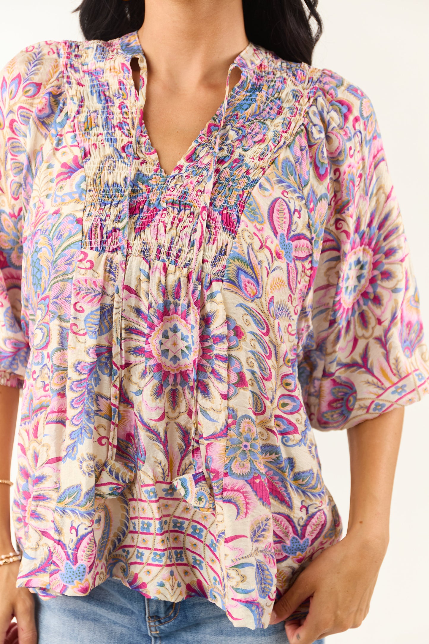 Almond Boho Scarf Print Relaxed Half Sleeve Top