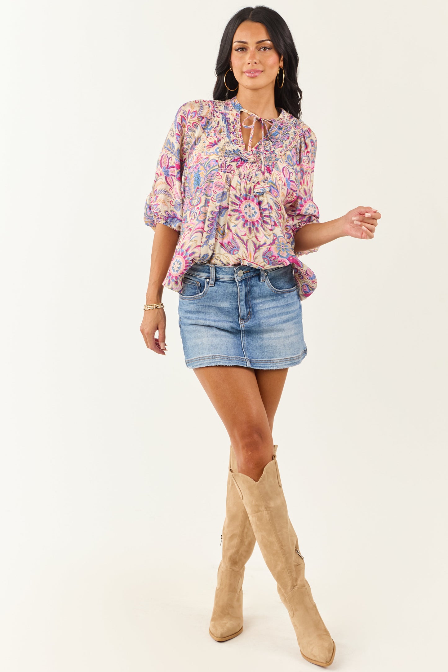 Almond Boho Scarf Print Relaxed Half Sleeve Top