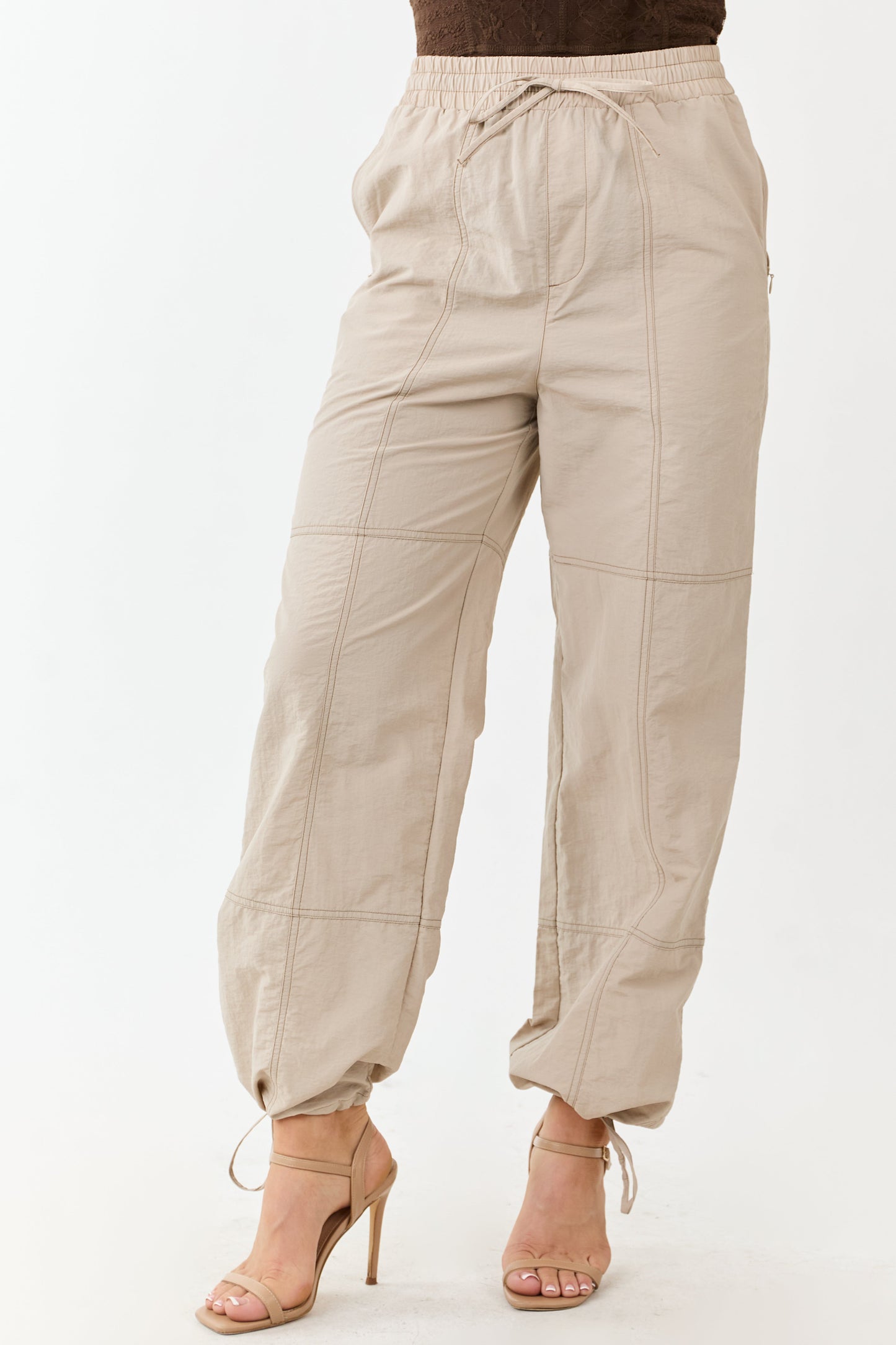 Almond Contrast Stitch Wide Leg Drawstring Pants