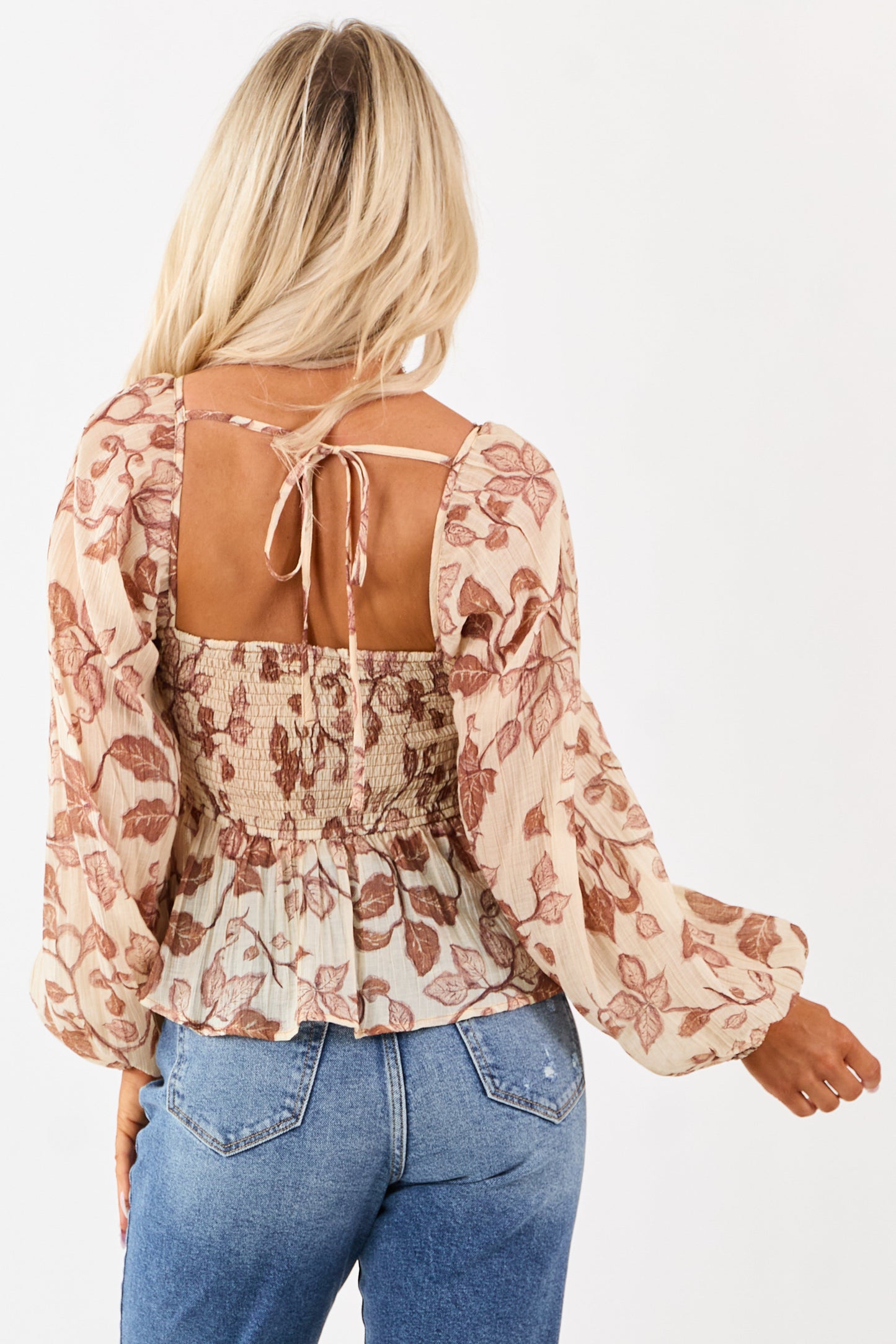 Almond Floral Crepe Velvet Trim Babydoll Blouse