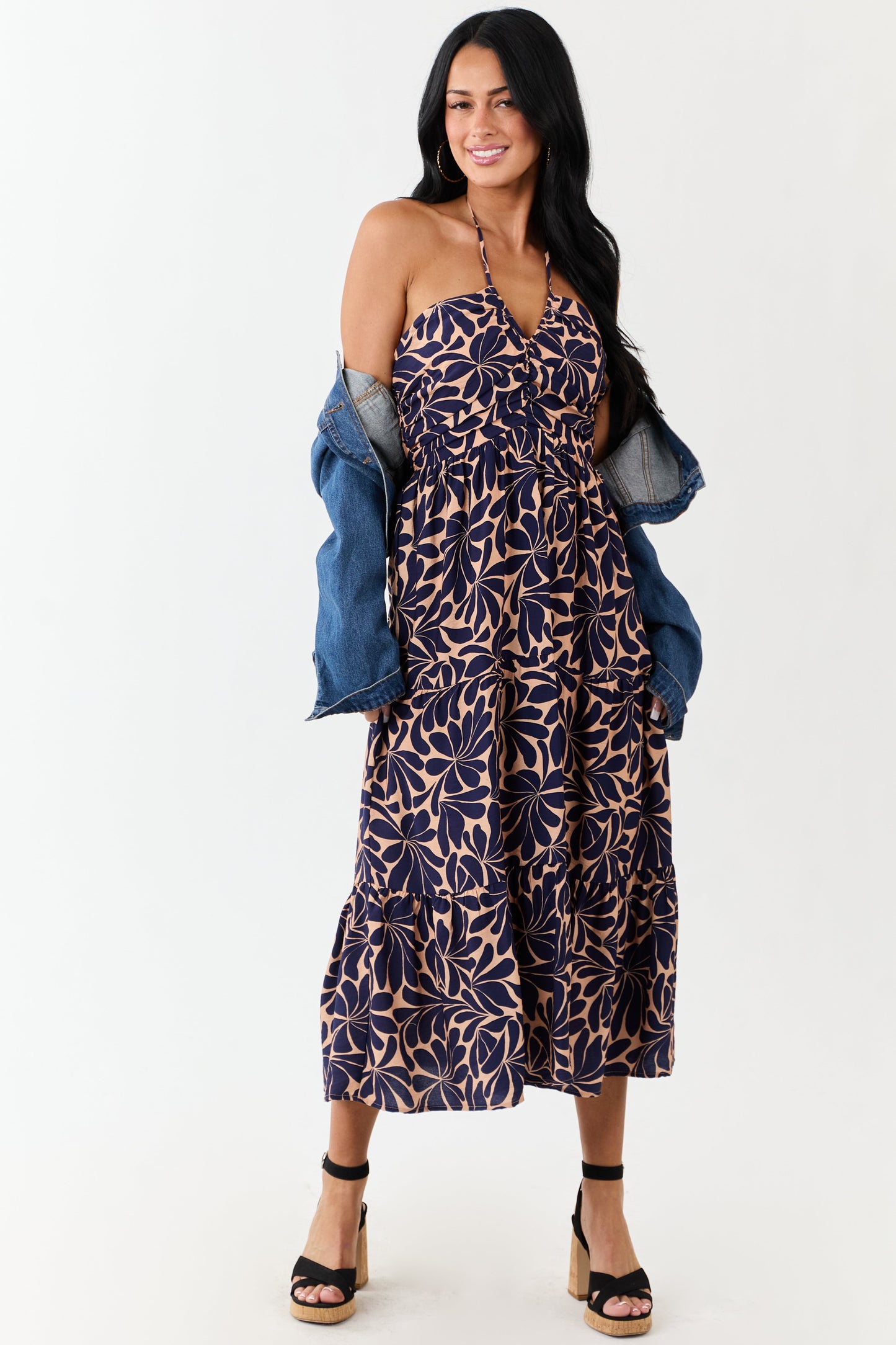 Apricot Botanical Abstract Print Halter Maxi Dress