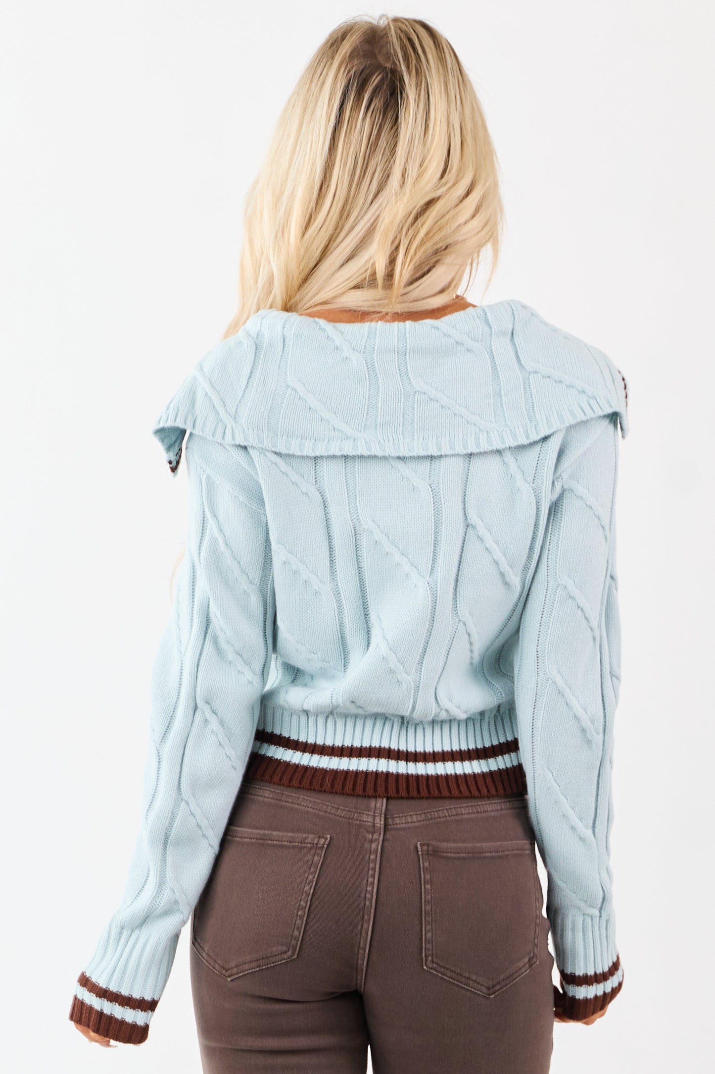 Arctic Blue Collared Striped Trim Cable Knit Sweater