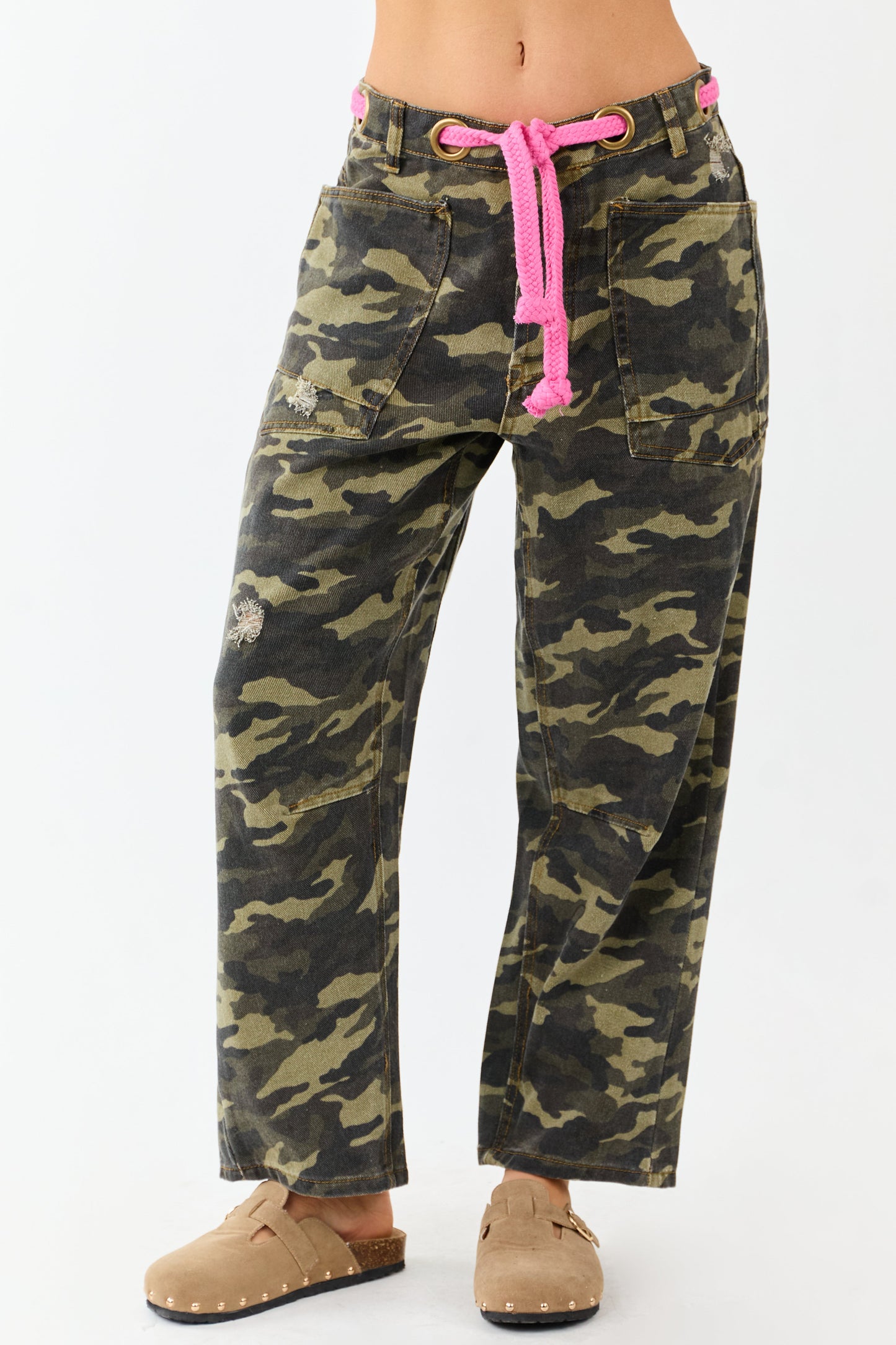 Army Green Camo Drawstring Waist Wide Leg Denim Pants