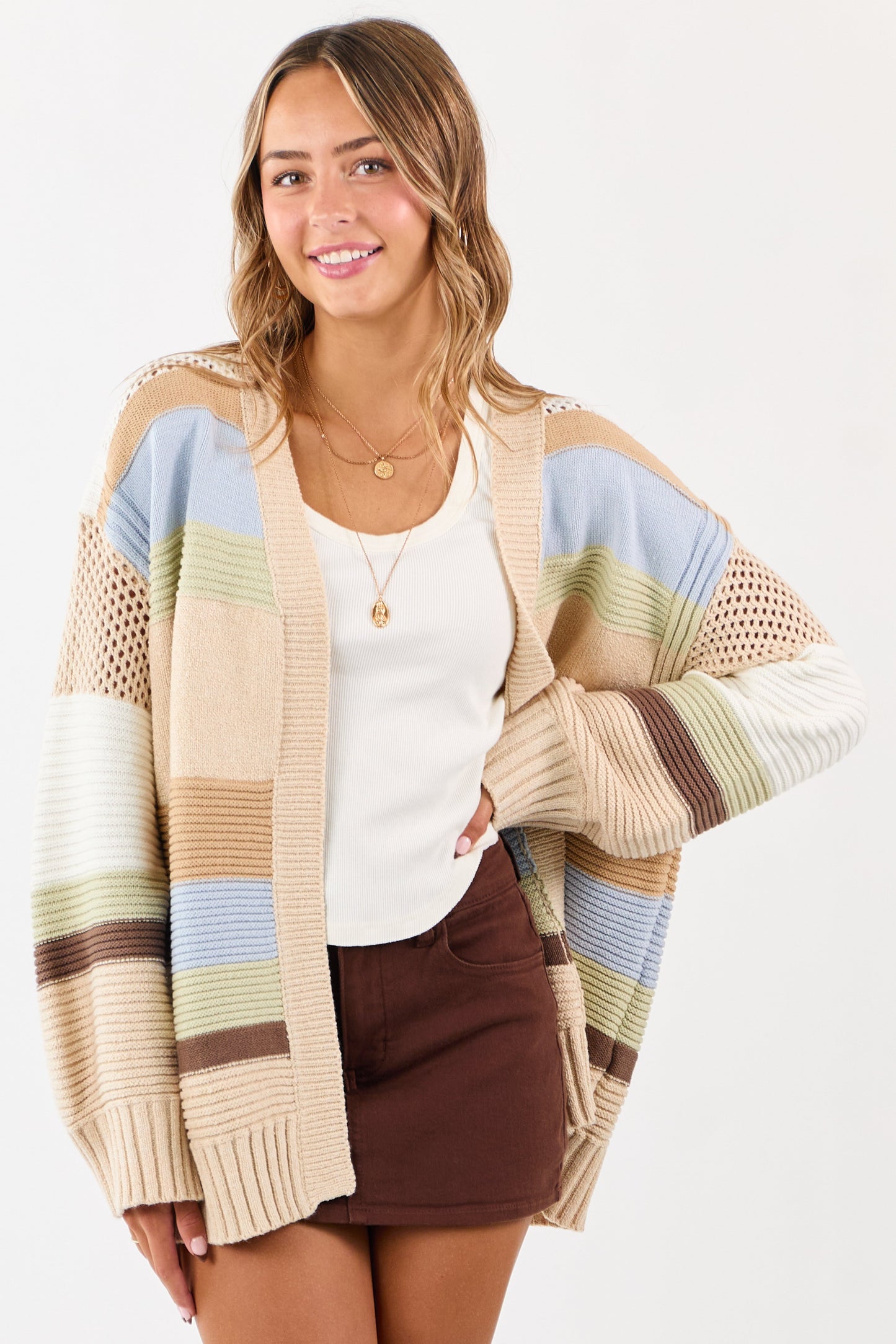 Beige Colorblock Striped Relaxed Open Front Cardigan