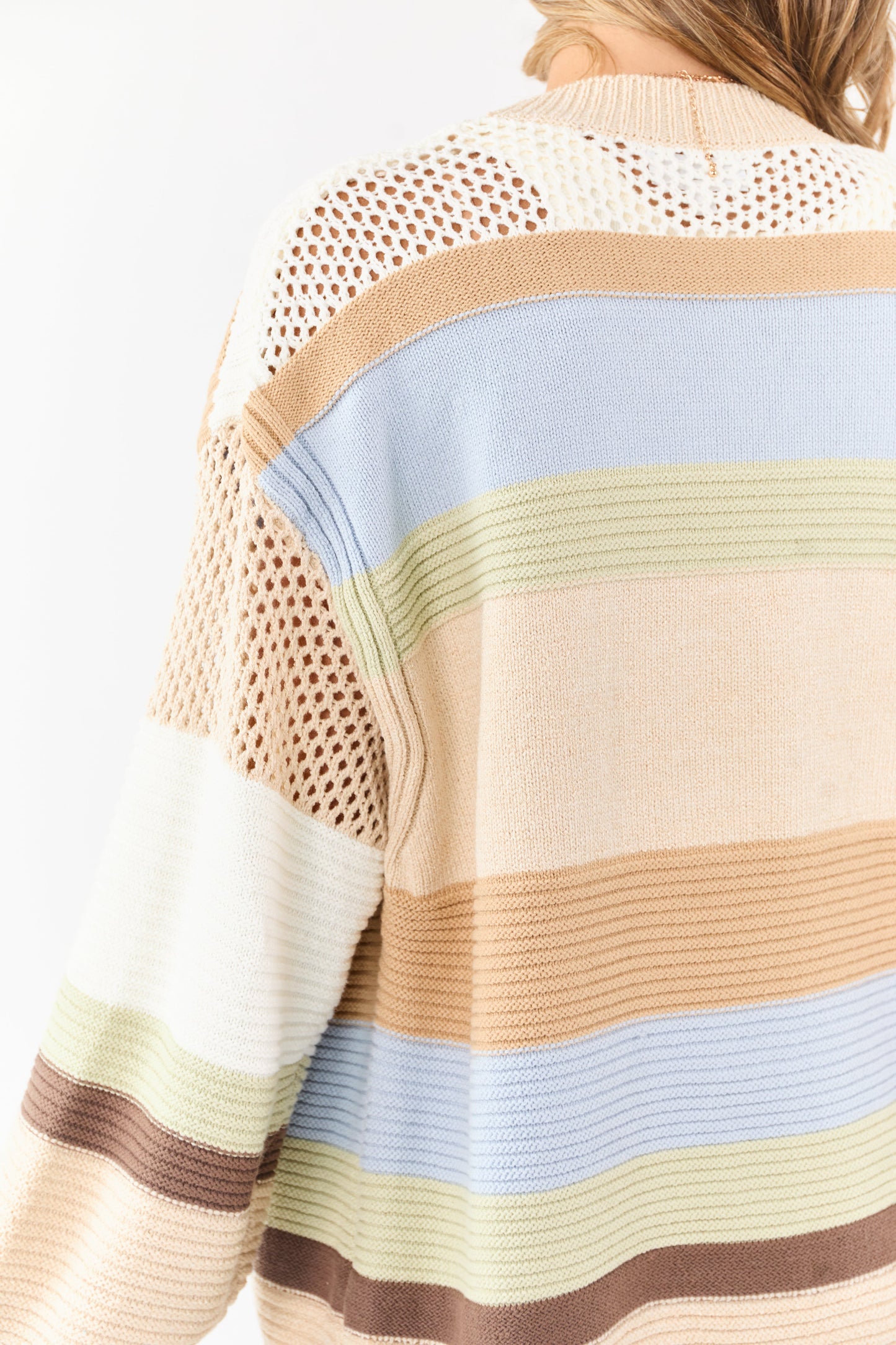 Beige Colorblock Striped Relaxed Open Front Cardigan