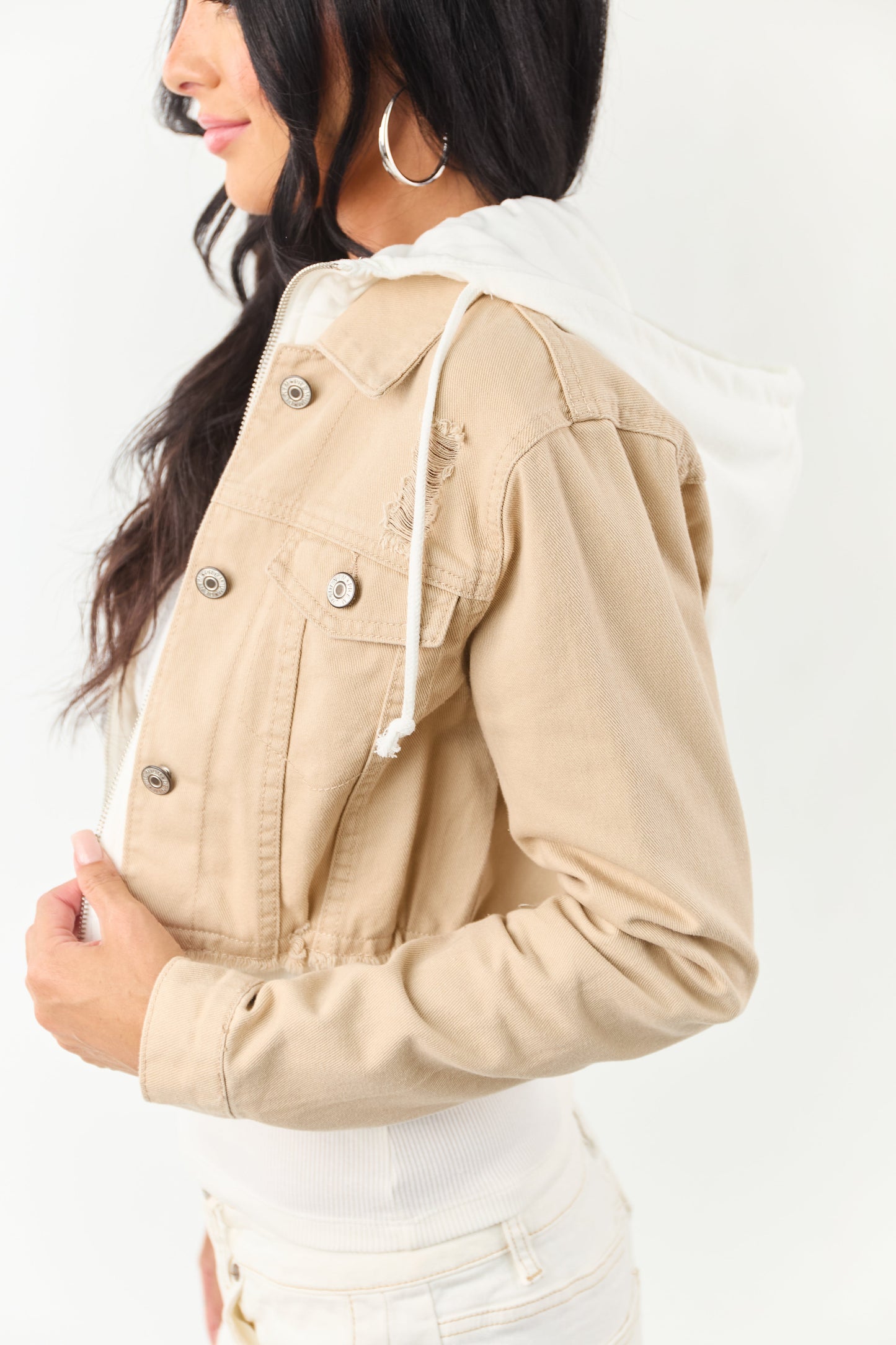 Beige Denim Crop Jacket with Inner Zip Up Hoodie