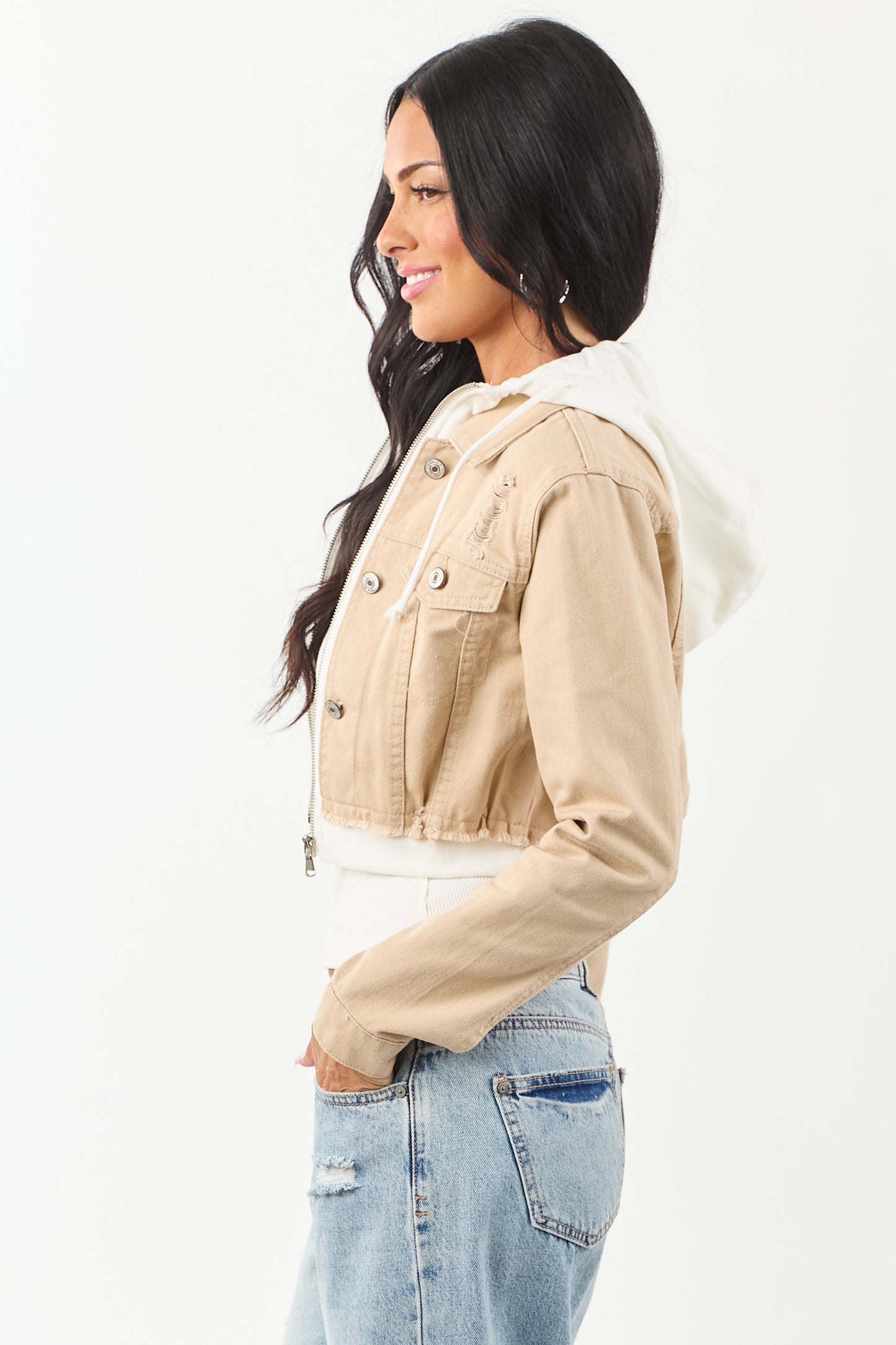 Beige Denim Crop Jacket with Inner Zip Up Hoodie