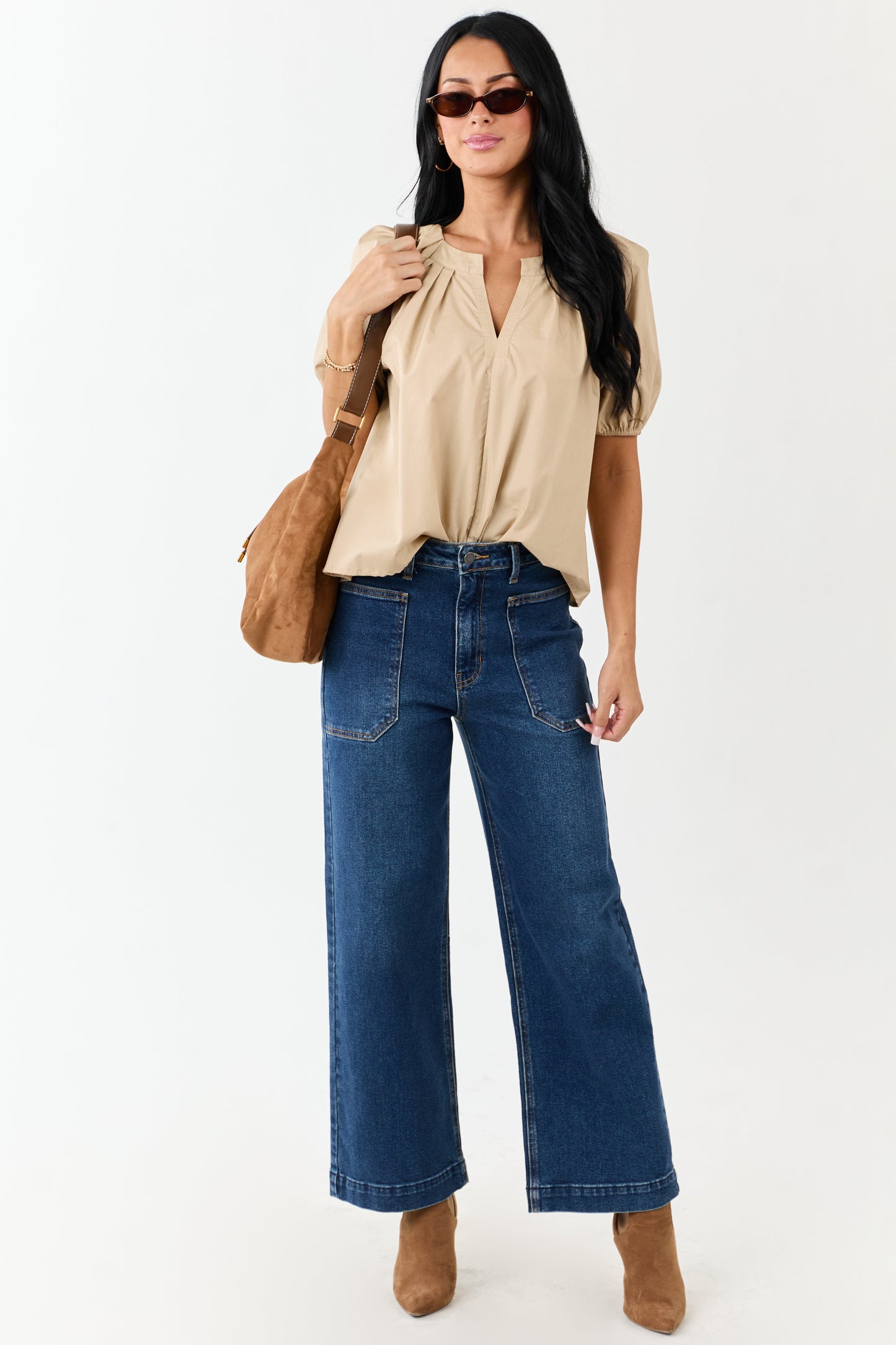 Beige Pleated Half Puff Sleeve Cotton Top