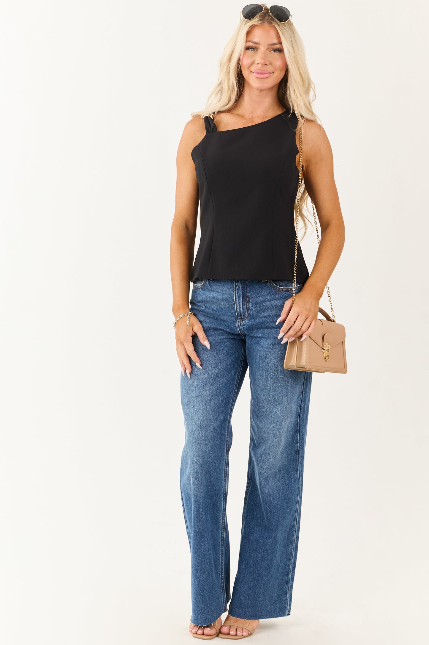 Black Asymmetrical Gold Ring Peplum Tank Top