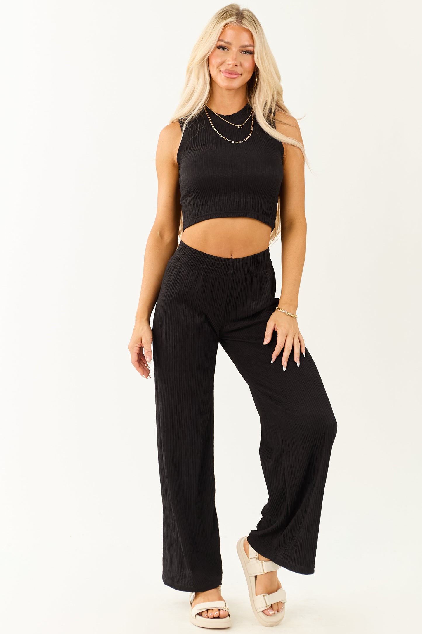 Black Crinkled Sleeveless Crop Top and Pants Set