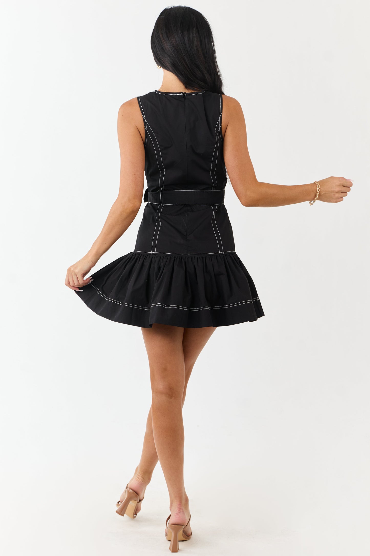 Black Drop Waist Cotton Mini Dress with Belt