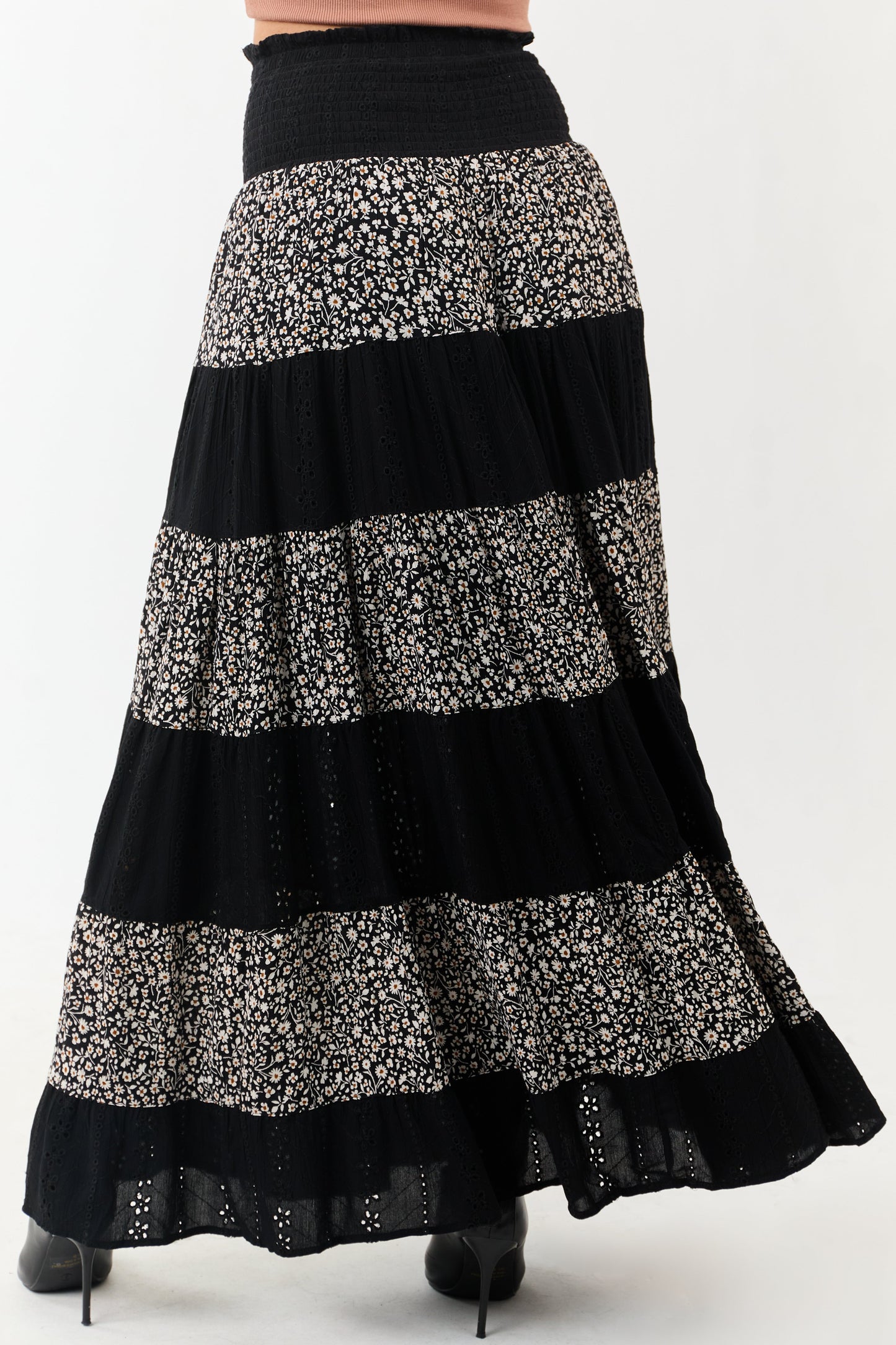 Black Eyelet Lace and Floral Print Tiered Maxi Skirt