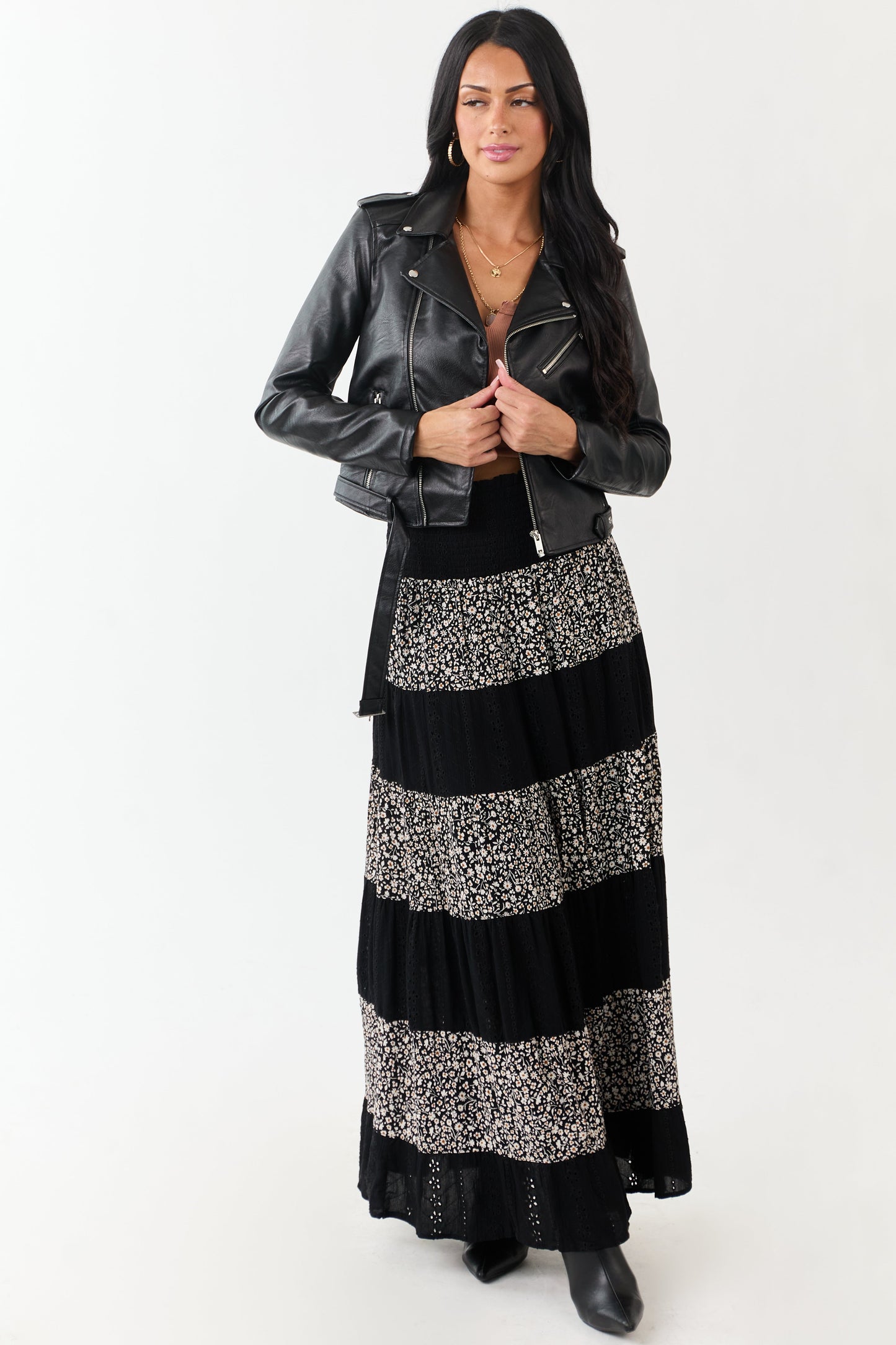 Black Eyelet Lace and Floral Print Tiered Maxi Skirt