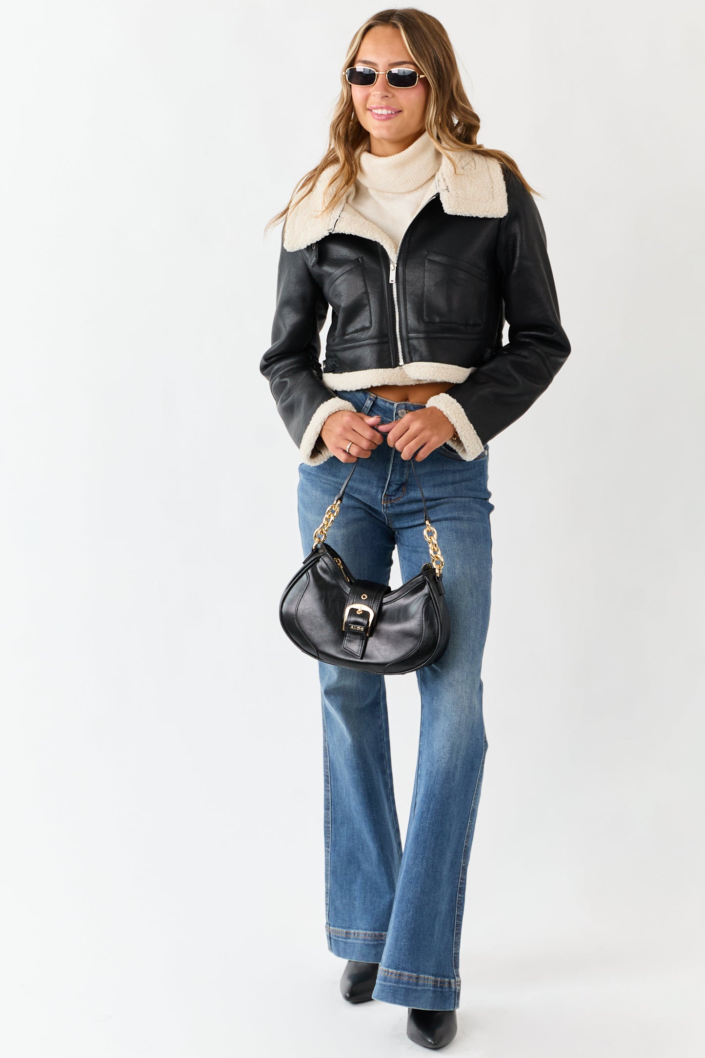 Black Faux Leather Sherpa Lined Jacket