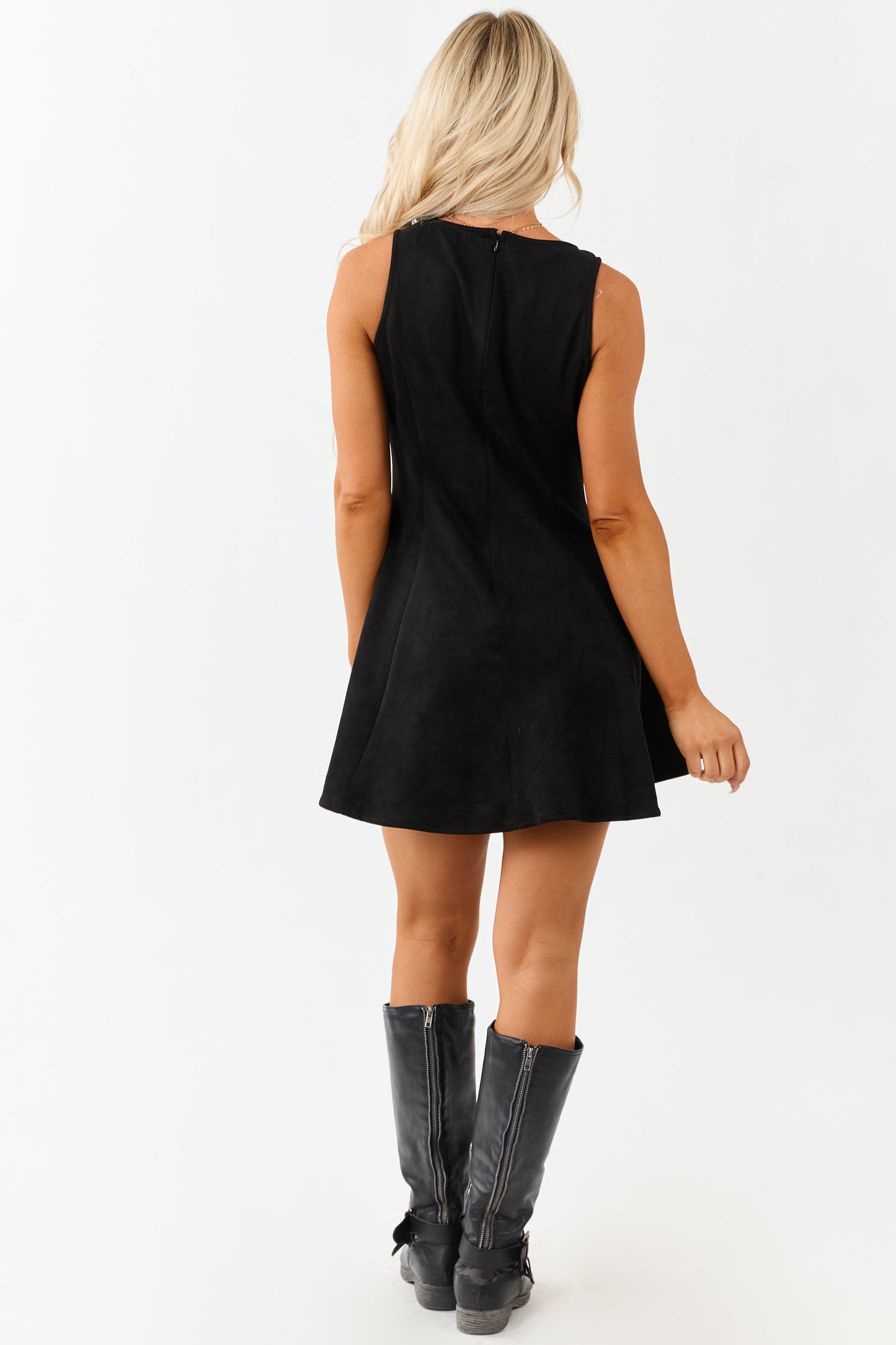 Black Faux Suede Round Neck Sleeveless Mini Dress