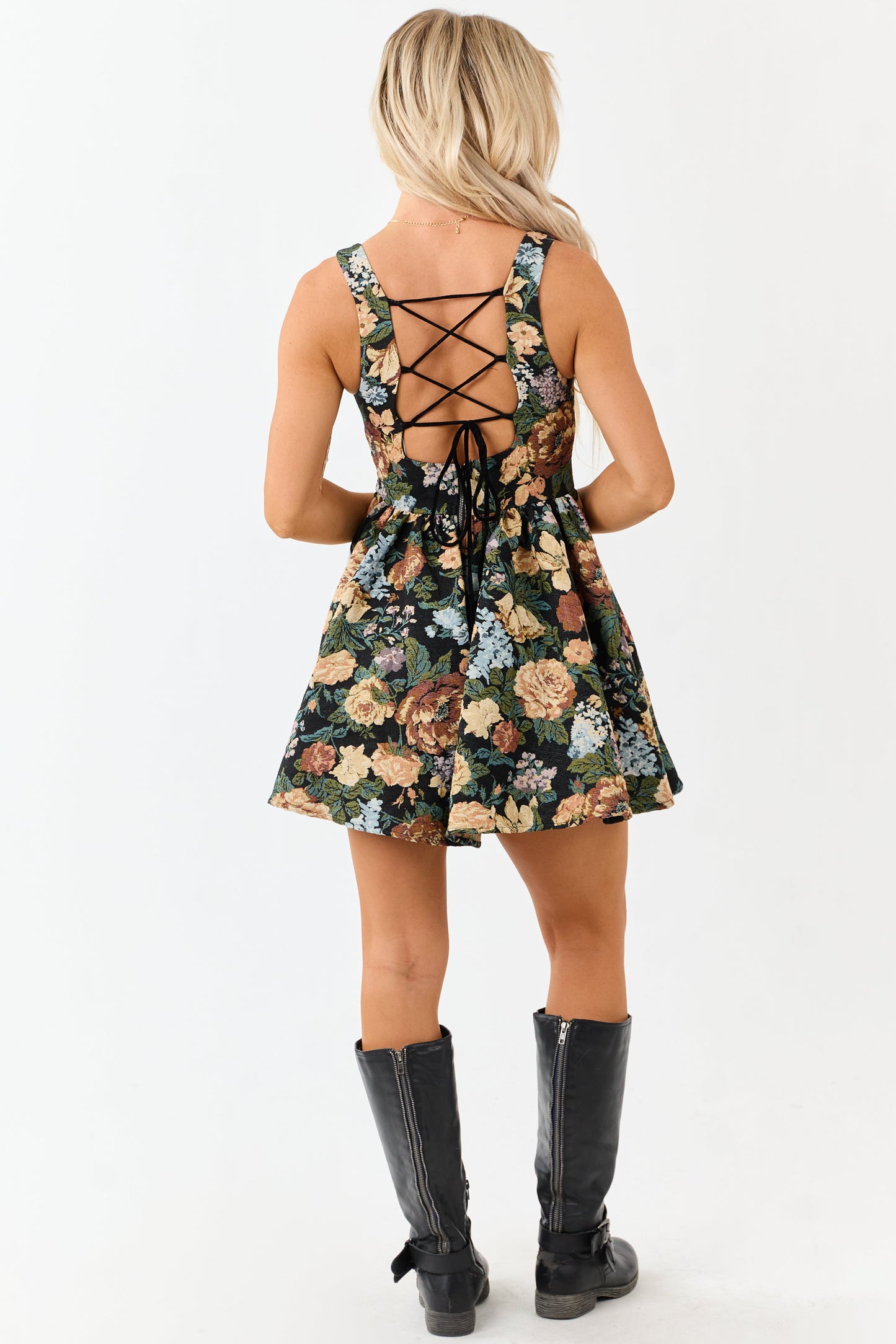 Black Floral Tapestry Jacquard Flared Leg Romper