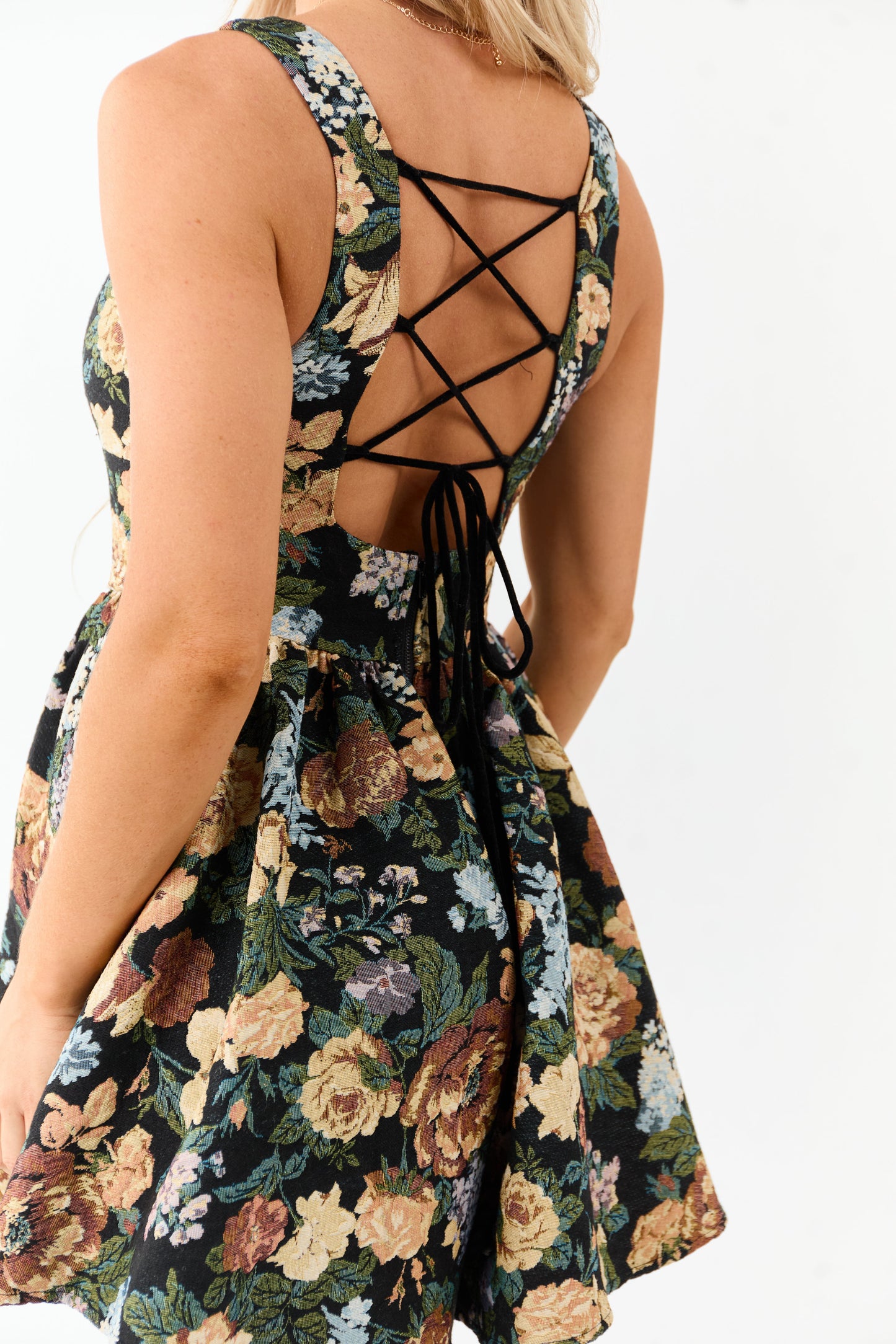 Black Floral Tapestry Jacquard Flared Leg Romper