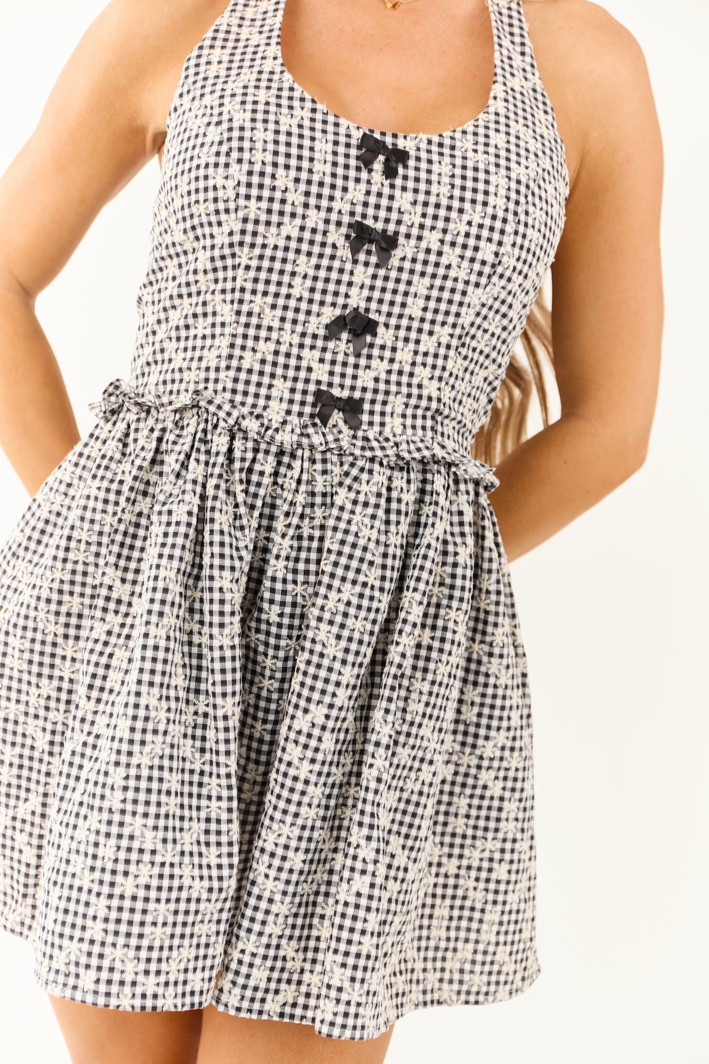 Black Halter Embroidered Gingham Mini Dress