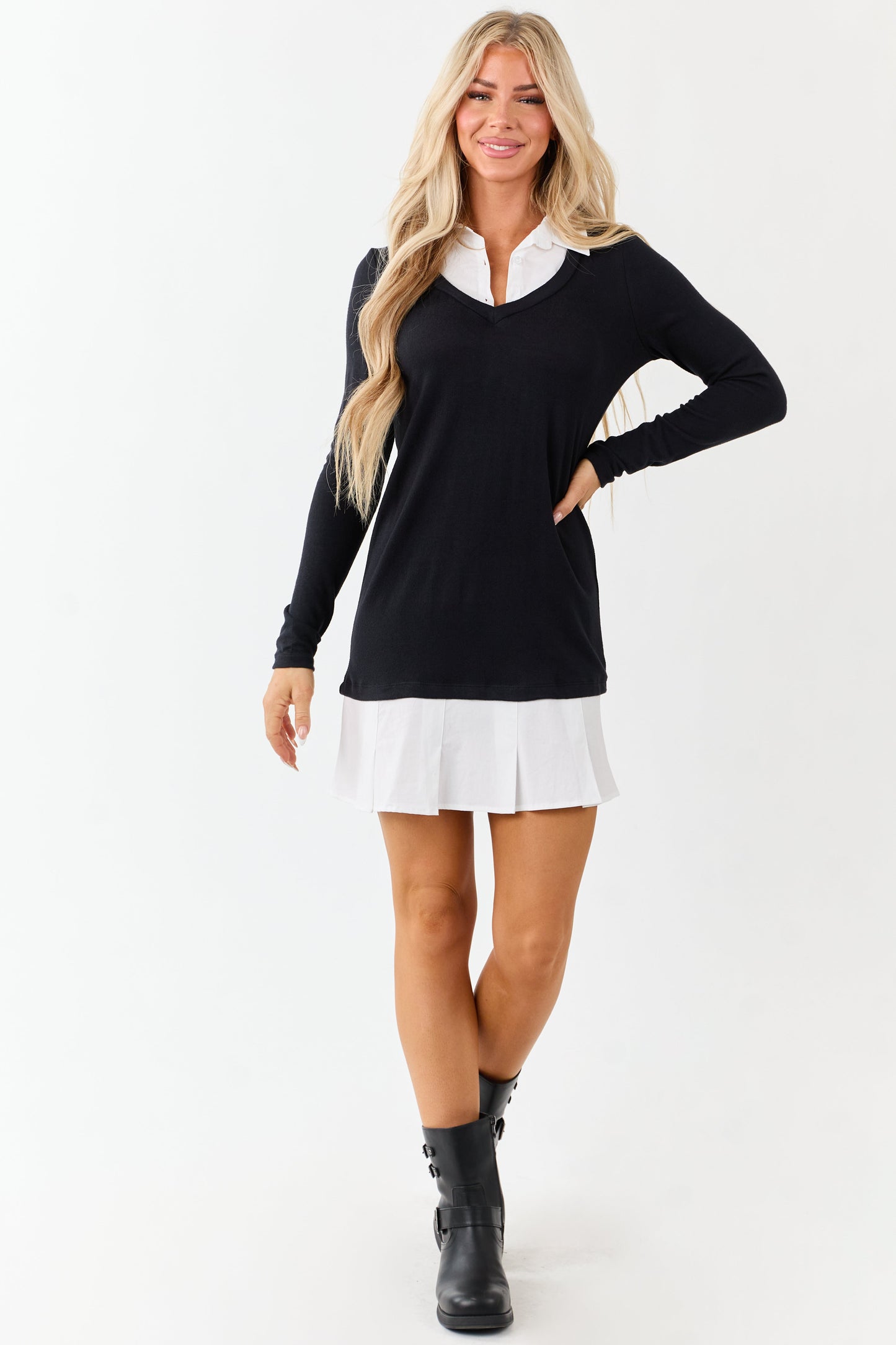 Black Long Sleeve Knit Contrast Layer Short Dress