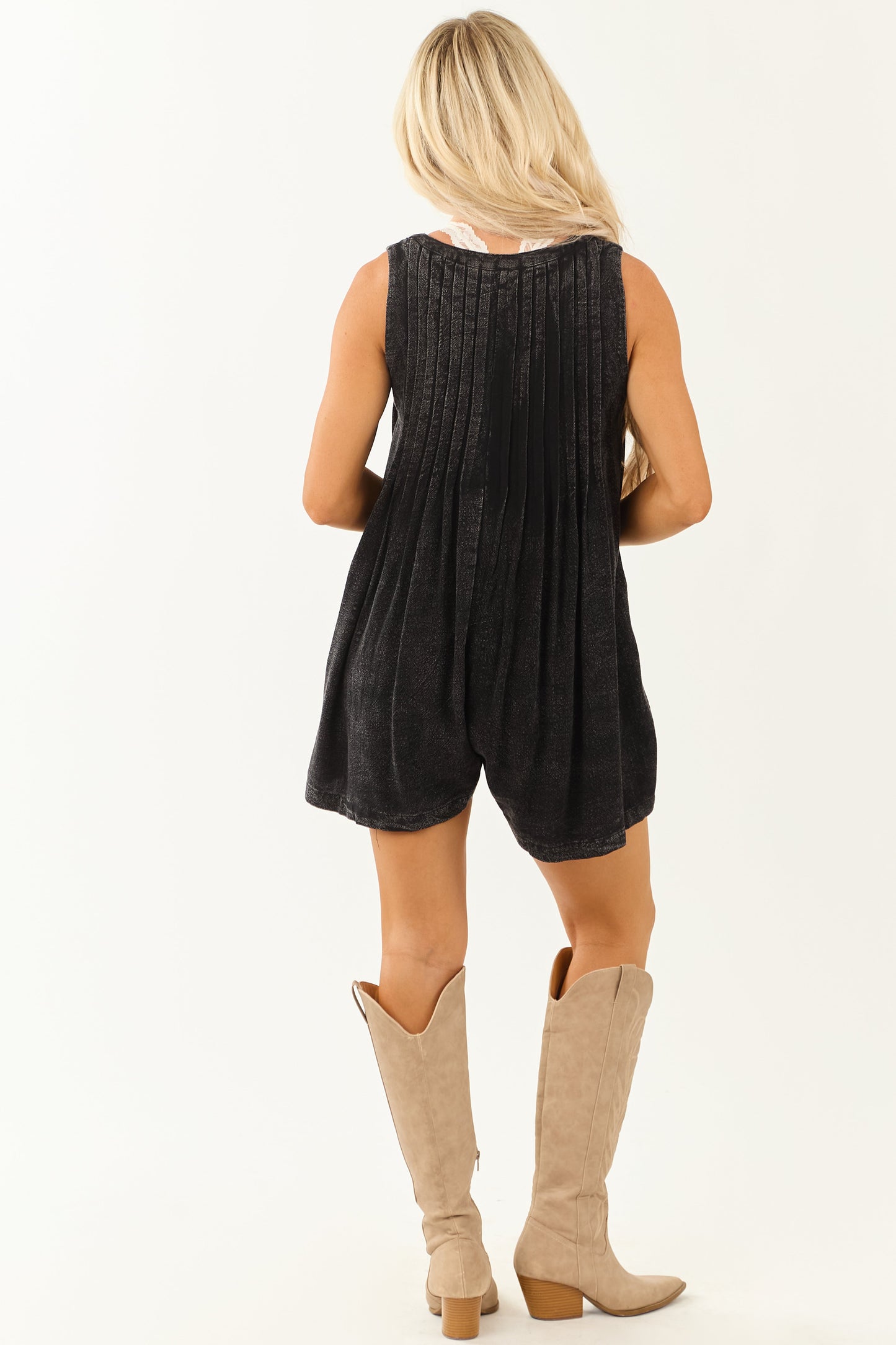 Black Mineral Washed Pintuck Wide Leg Romper