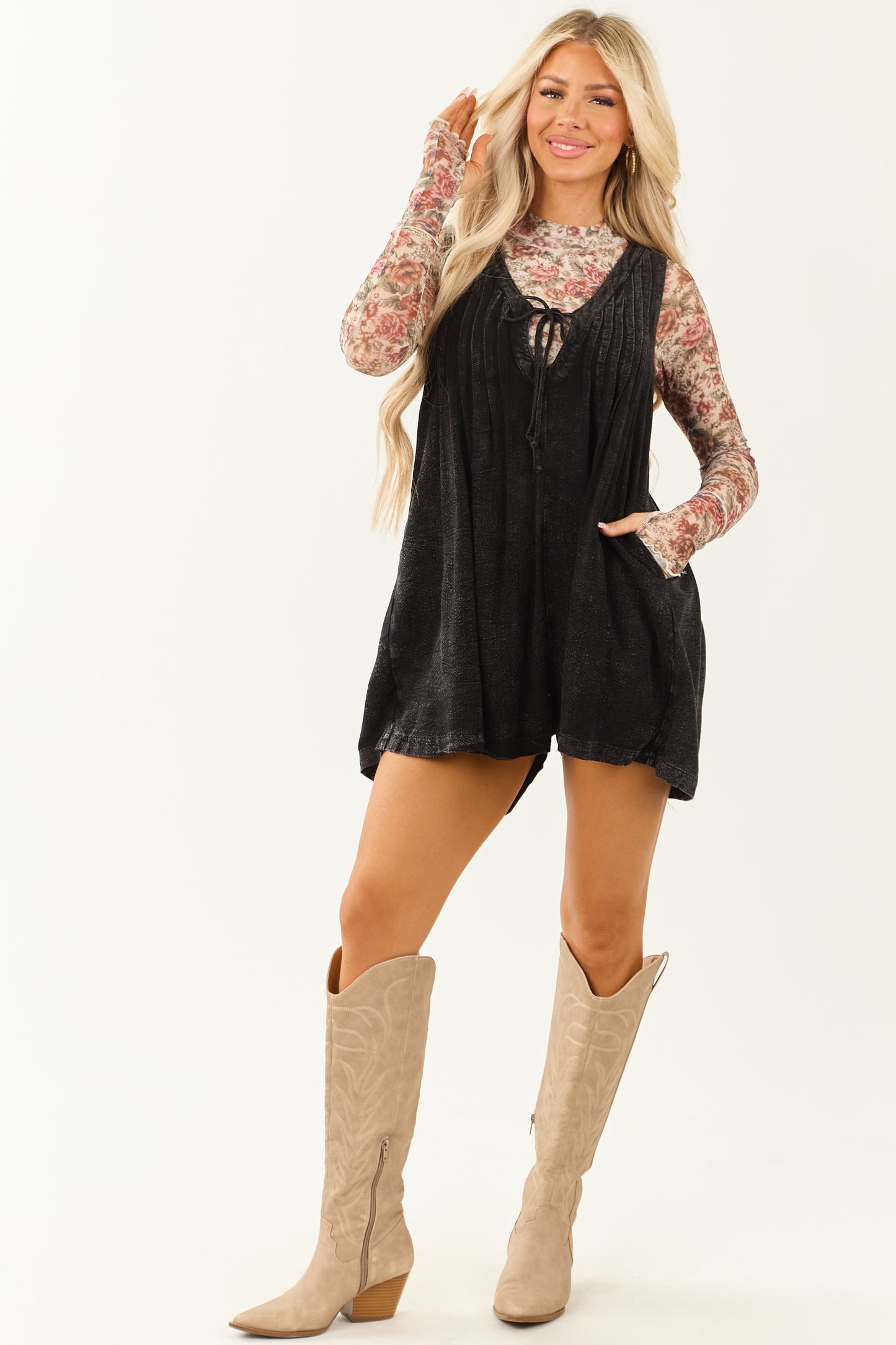 Black Mineral Washed Pintuck Wide Leg Romper