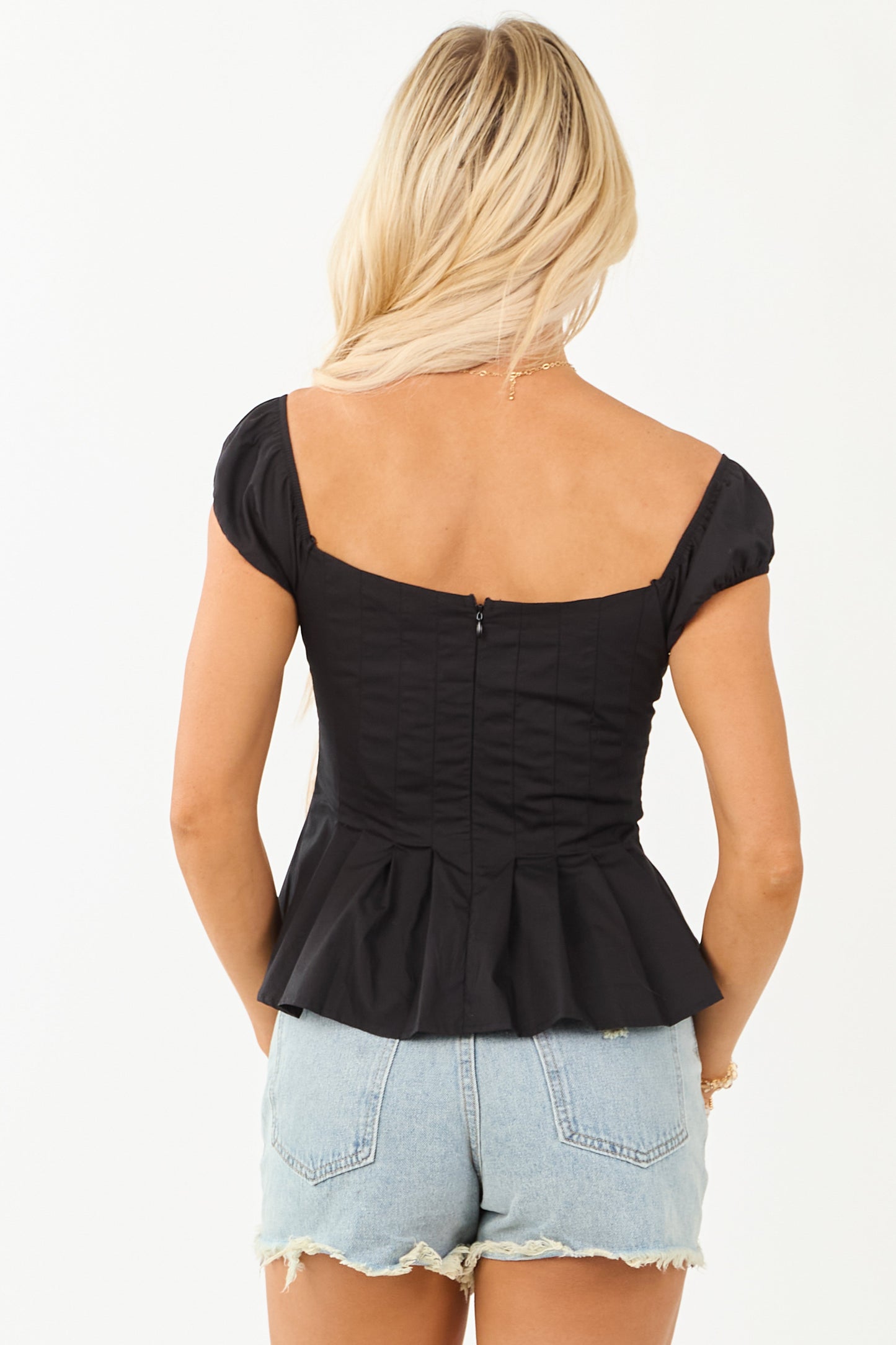 Black Off Shoulder Pleated Cotton Peplum Top