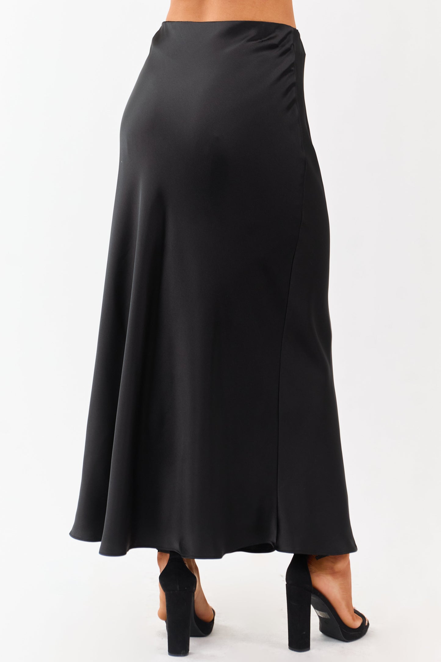 Black Satin Elastic Waistband Flowy Maxi Skirt