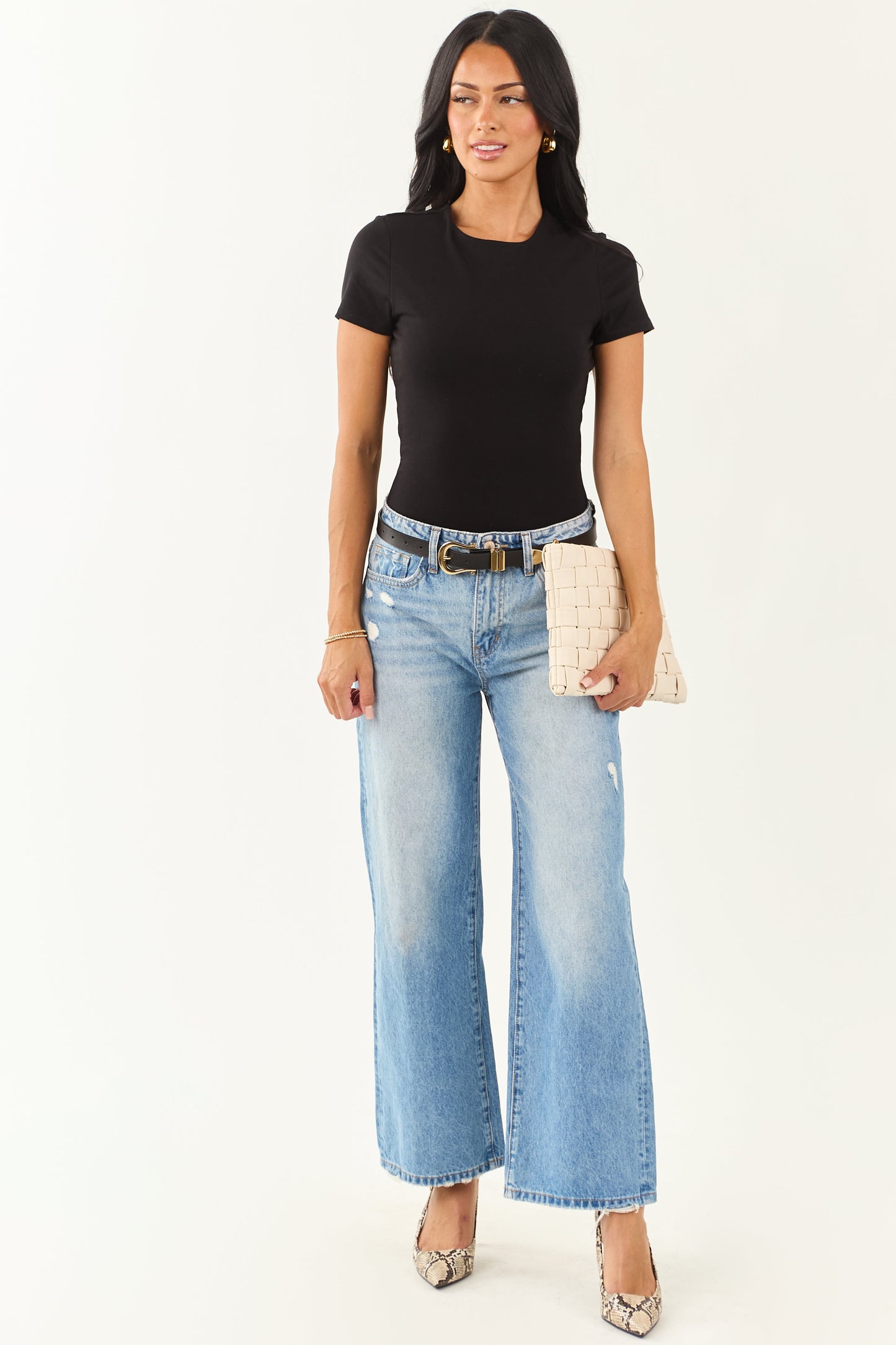Black Short Sleeve Round Neck Knit Bodysuit