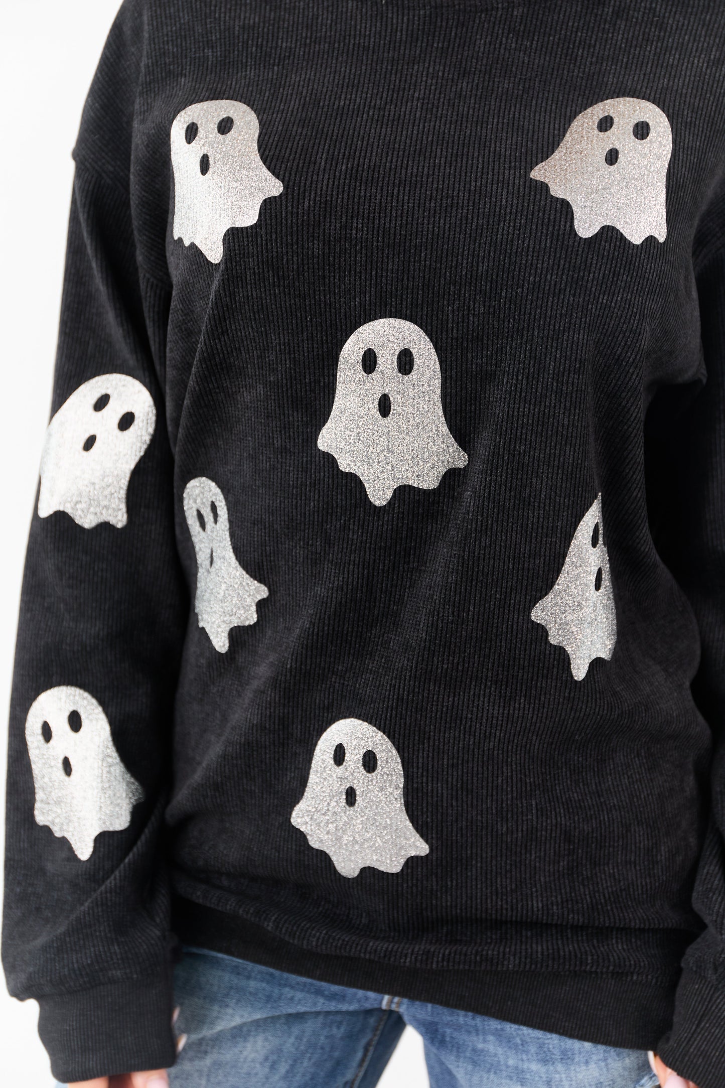 Black Sparkly Ghost Graphic Rib Knit Sweatshirt