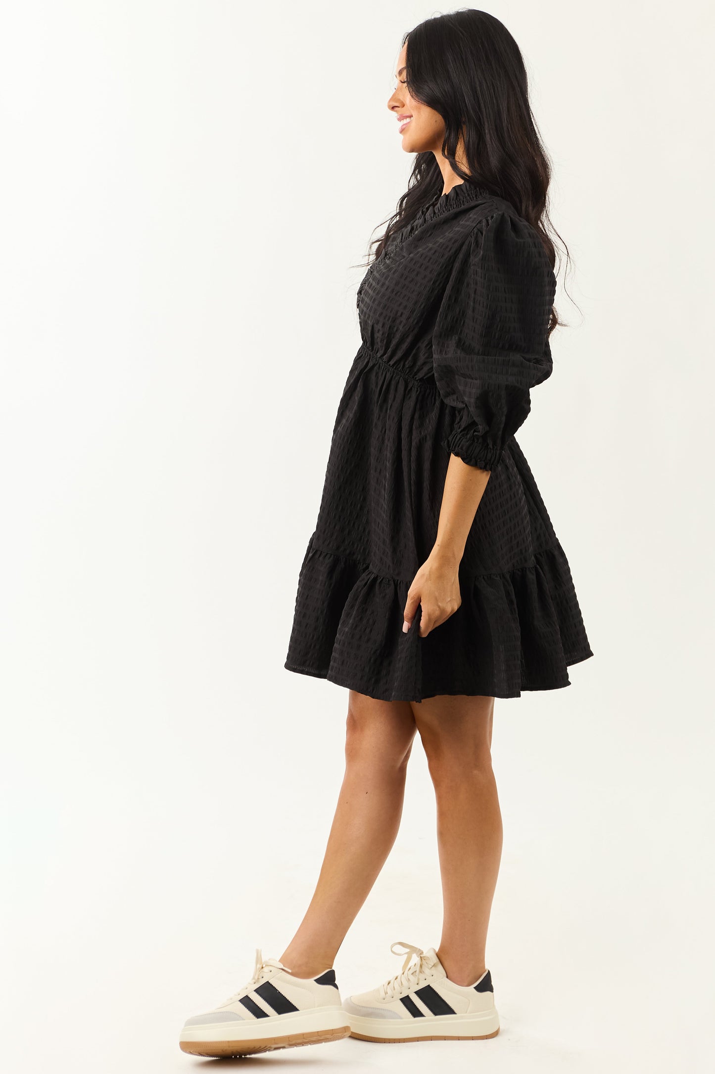 Black Surplice Neck 3/4 Bubble Sleeve Mini Dress