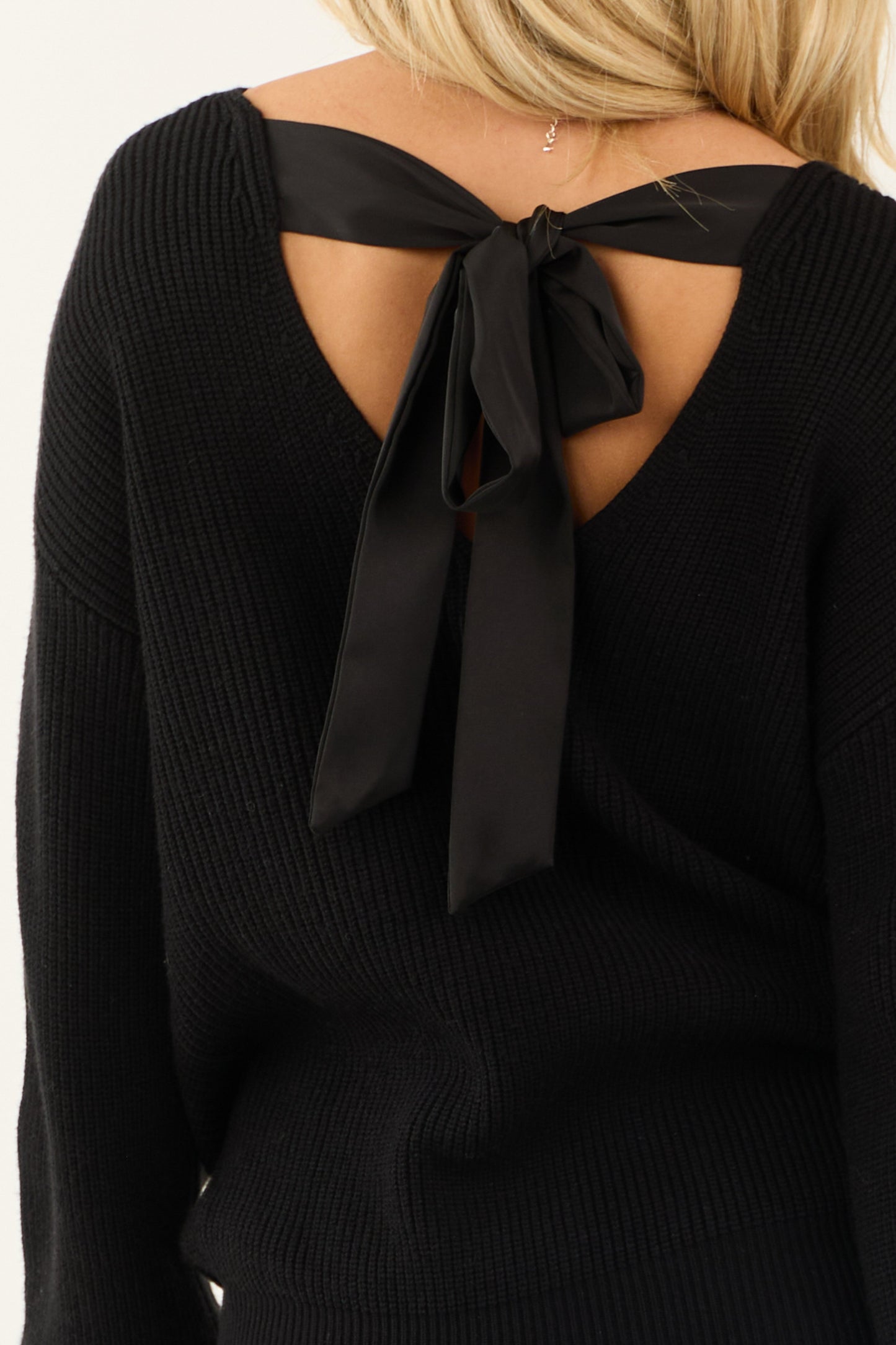 Black V Neck Back Tie Puff Long Sleeve Sweater