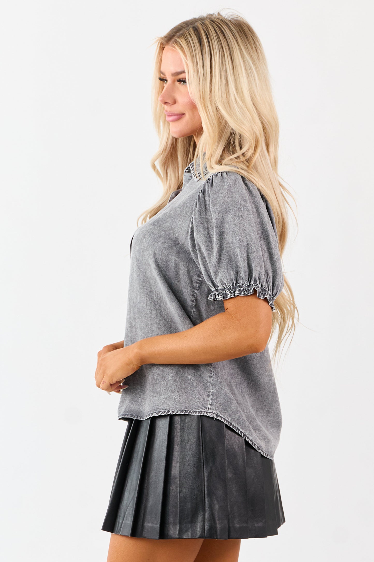 Black Washed Denim Puff Sleeve Button Up Top