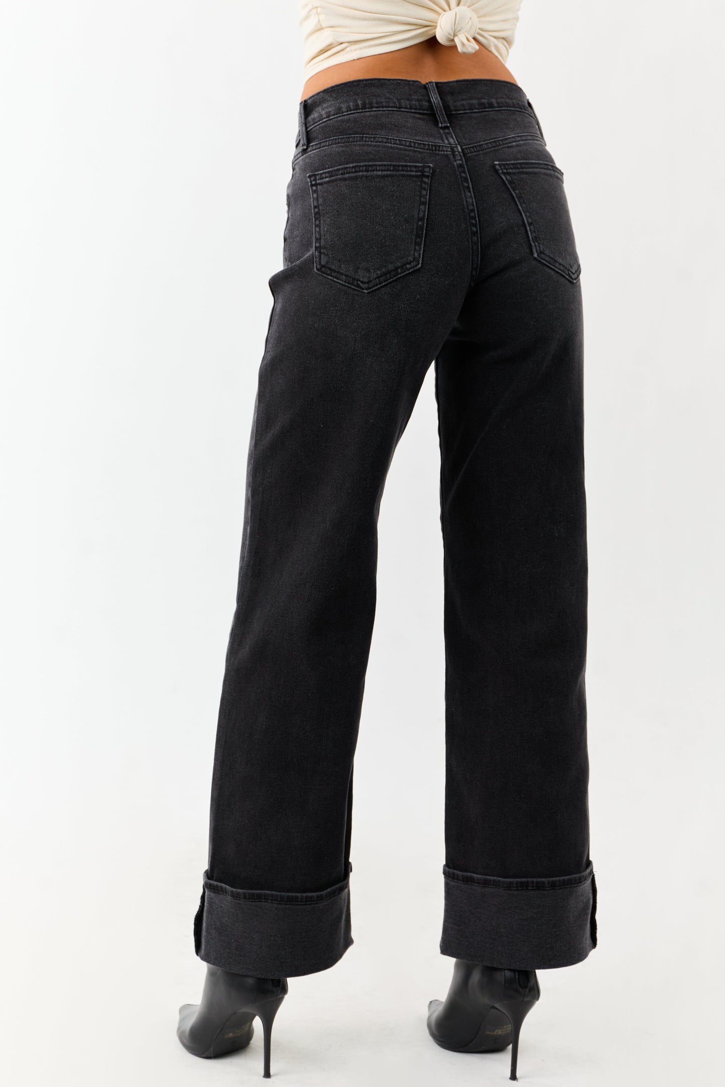 Black Washed Wide Leg Cuffed Stretchy Jeans