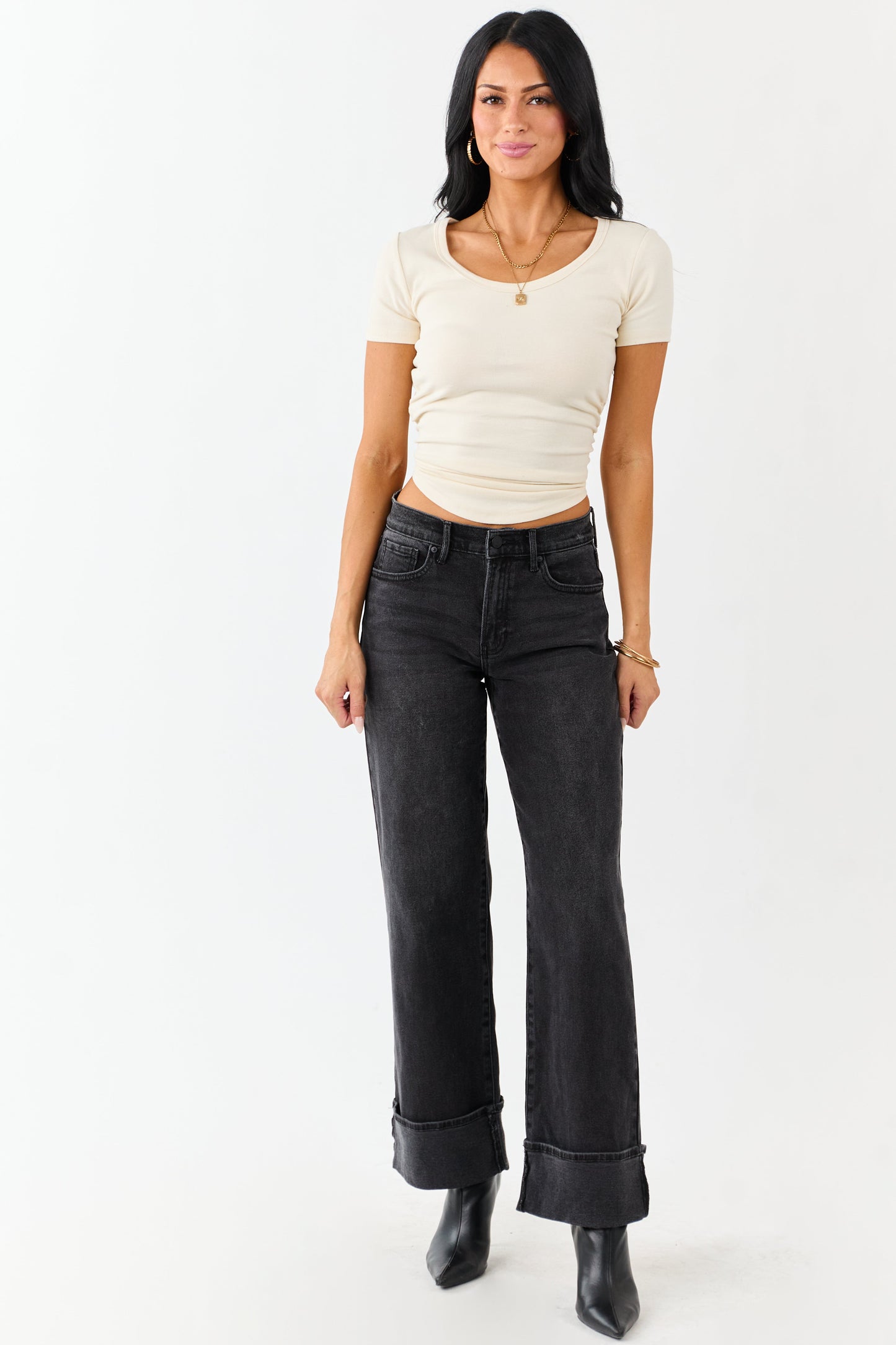 Black Washed Wide Leg Cuffed Stretchy Jeans
