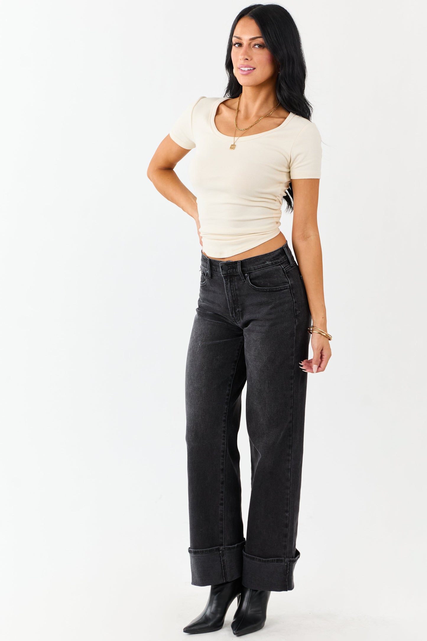 Black Washed Wide Leg Cuffed Stretchy Jeans