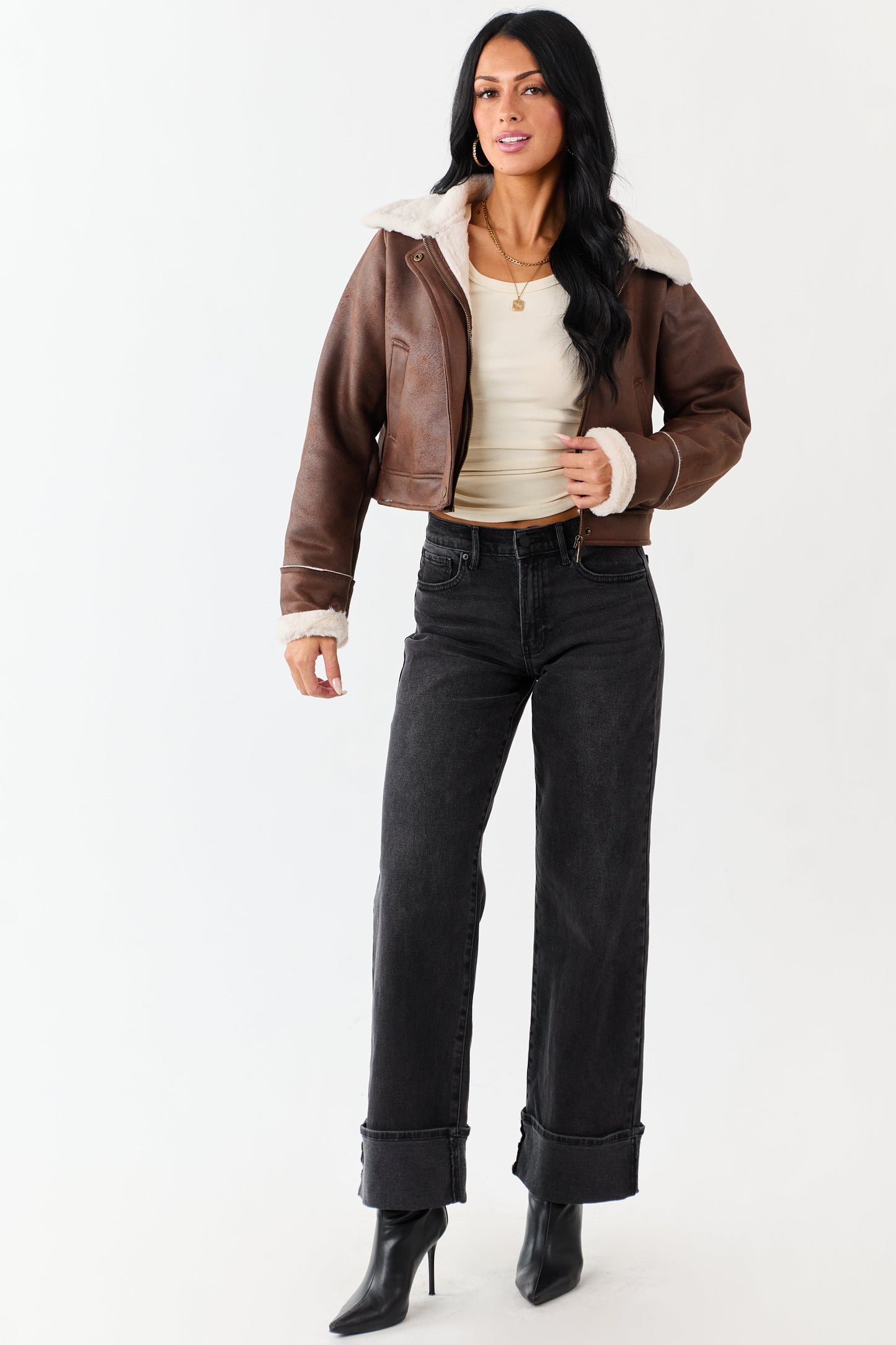 Black Washed Wide Leg Cuffed Stretchy Jeans
