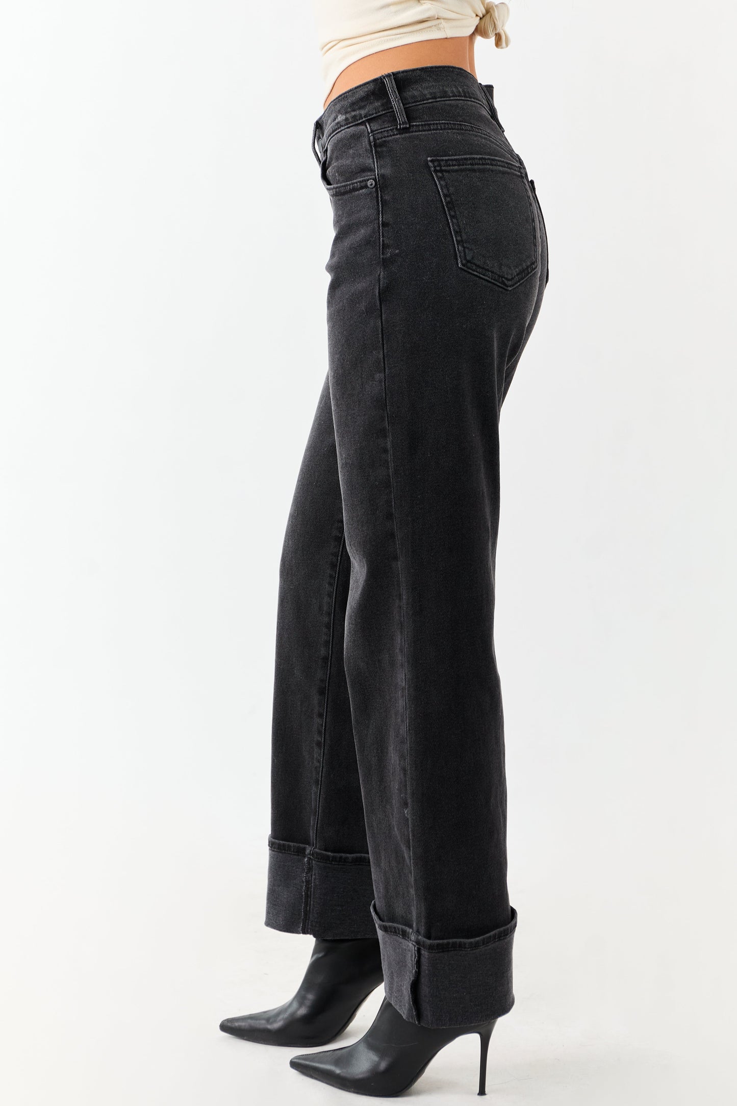 Black Washed Wide Leg Cuffed Stretchy Jeans