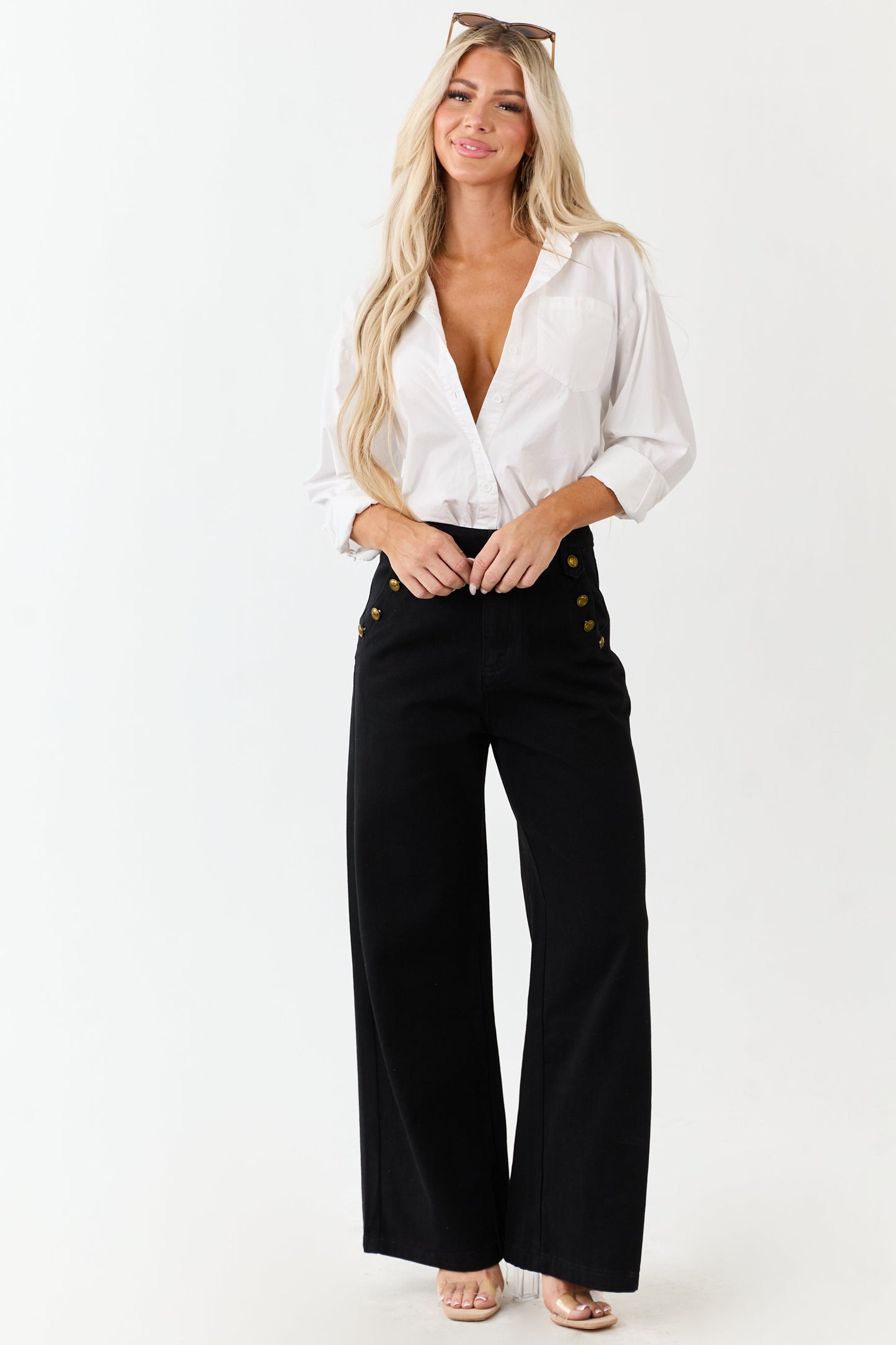 Black Wide Leg High Rise Gold Button Jeans