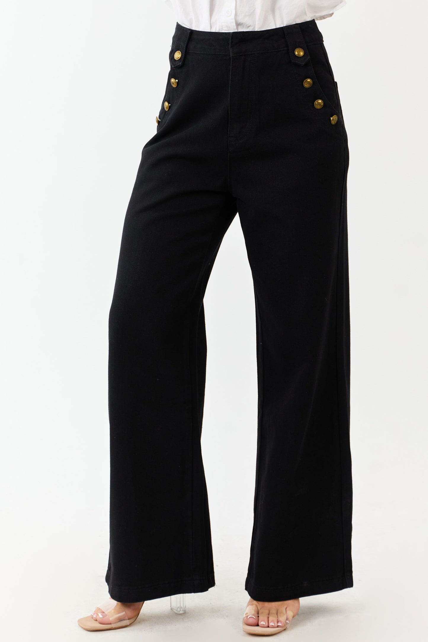 Black Wide Leg High Rise Gold Button Jeans