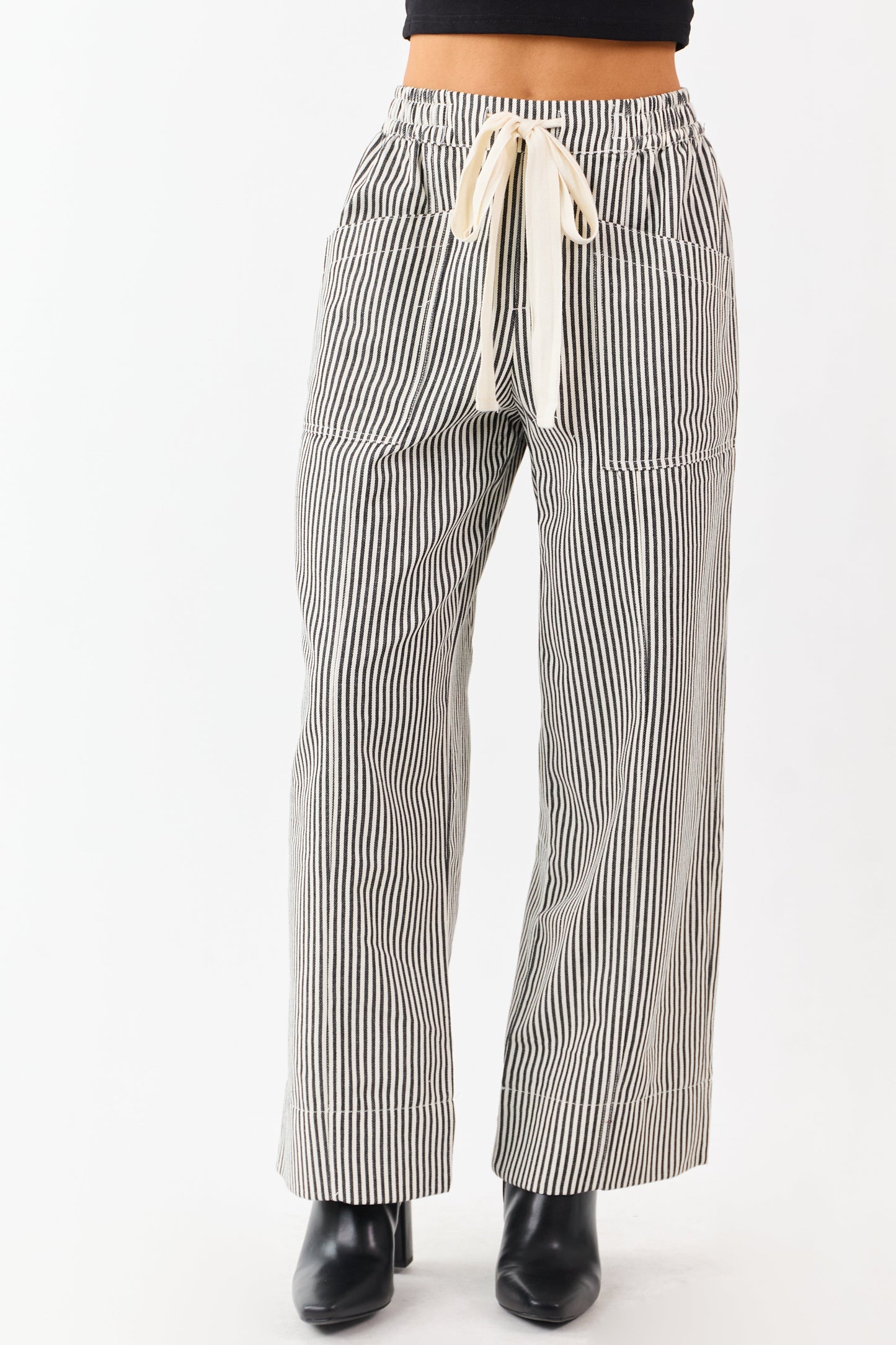 Black and Coconut Striped Drawstring Wide Leg Pants