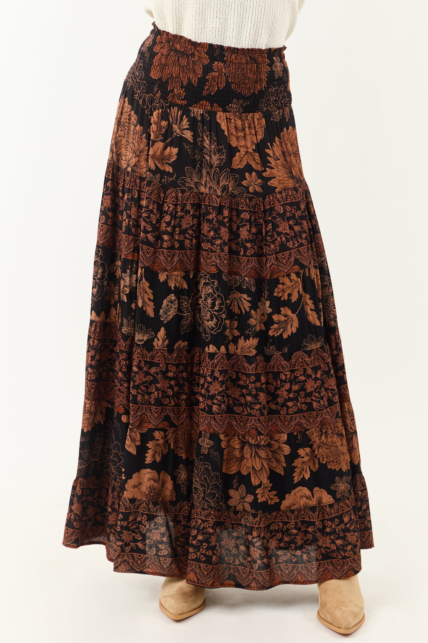 Black and Copper Floral Print Maxi Skirt