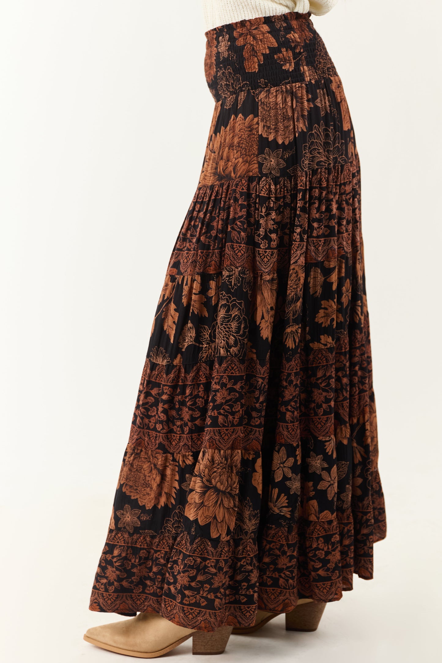 Black and Copper Floral Print Maxi Skirt