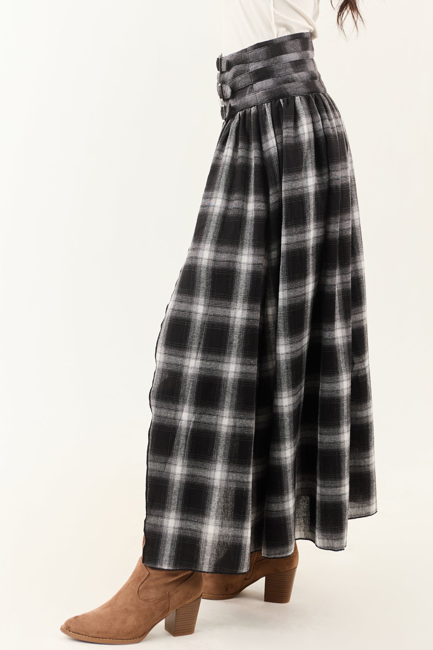 Black and Graphite Plaid Buckle Waist Maxi Skirt