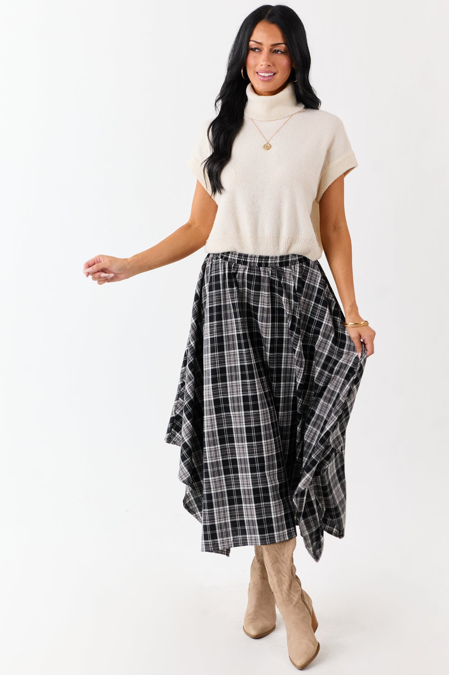 Black and Off White Plaid Cotton Midi Skirt
