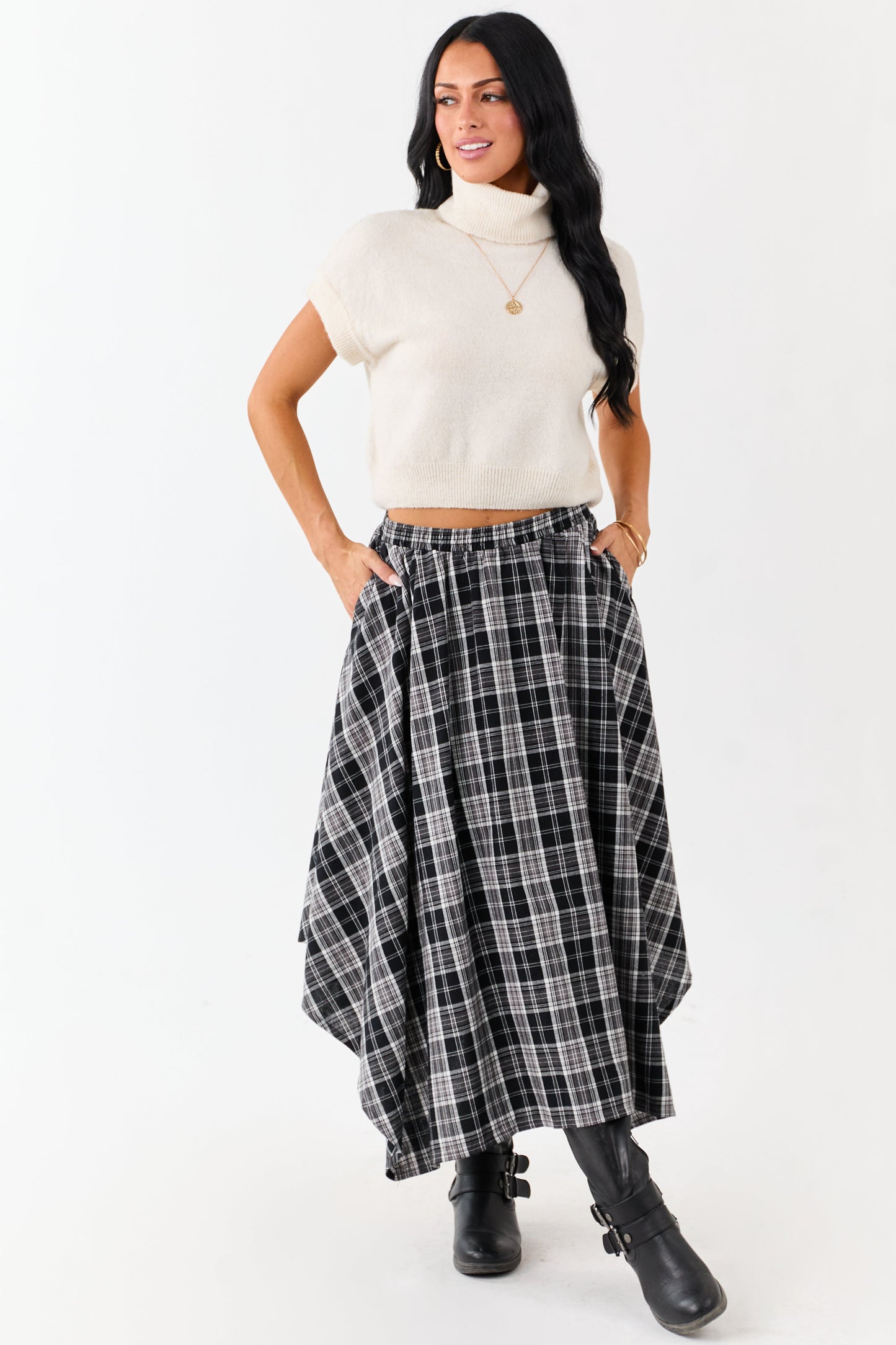 Black and Off White Plaid Cotton Midi Skirt