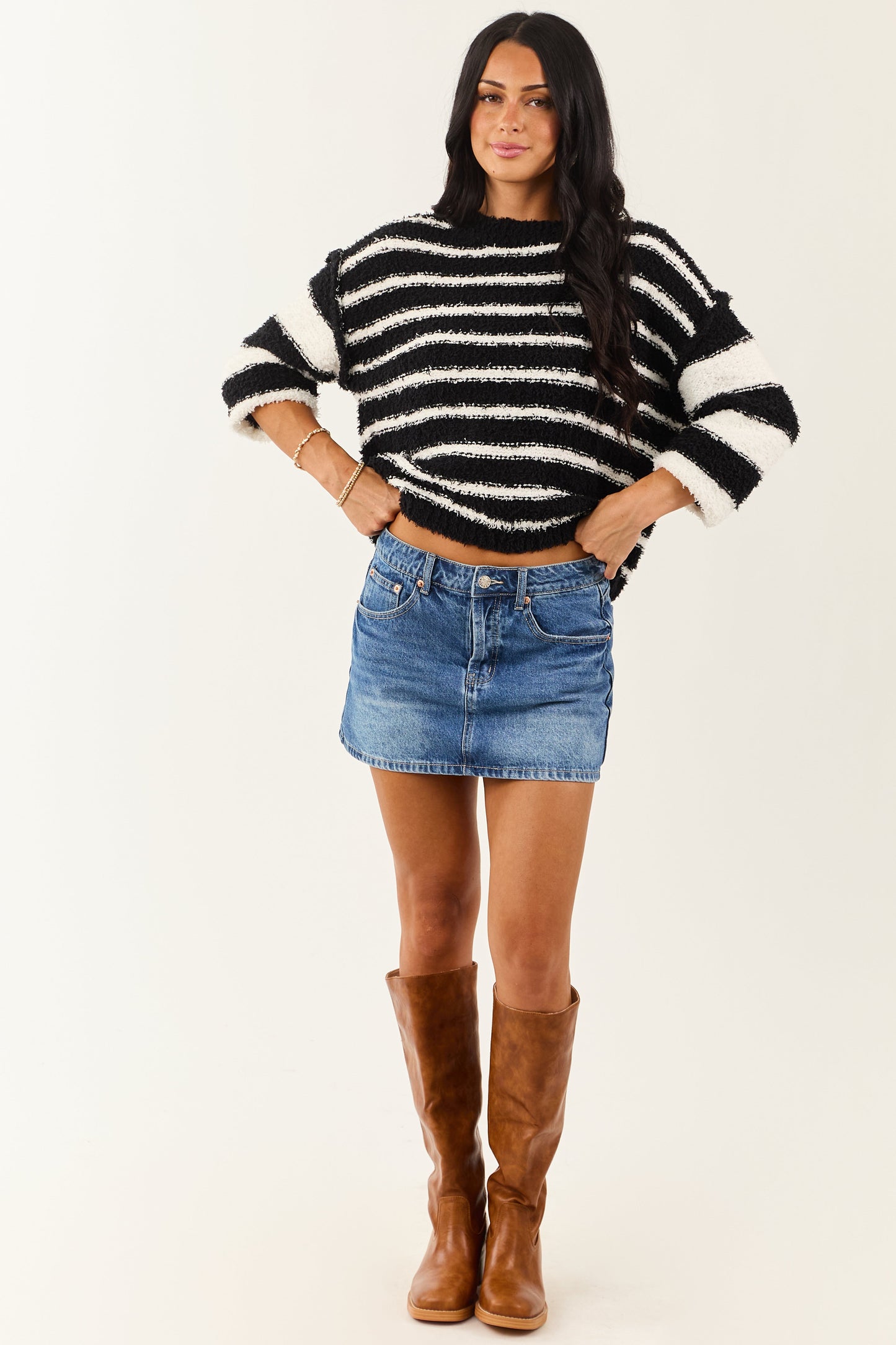 Black and White Striped Soft Fuzzy Knit Sweater