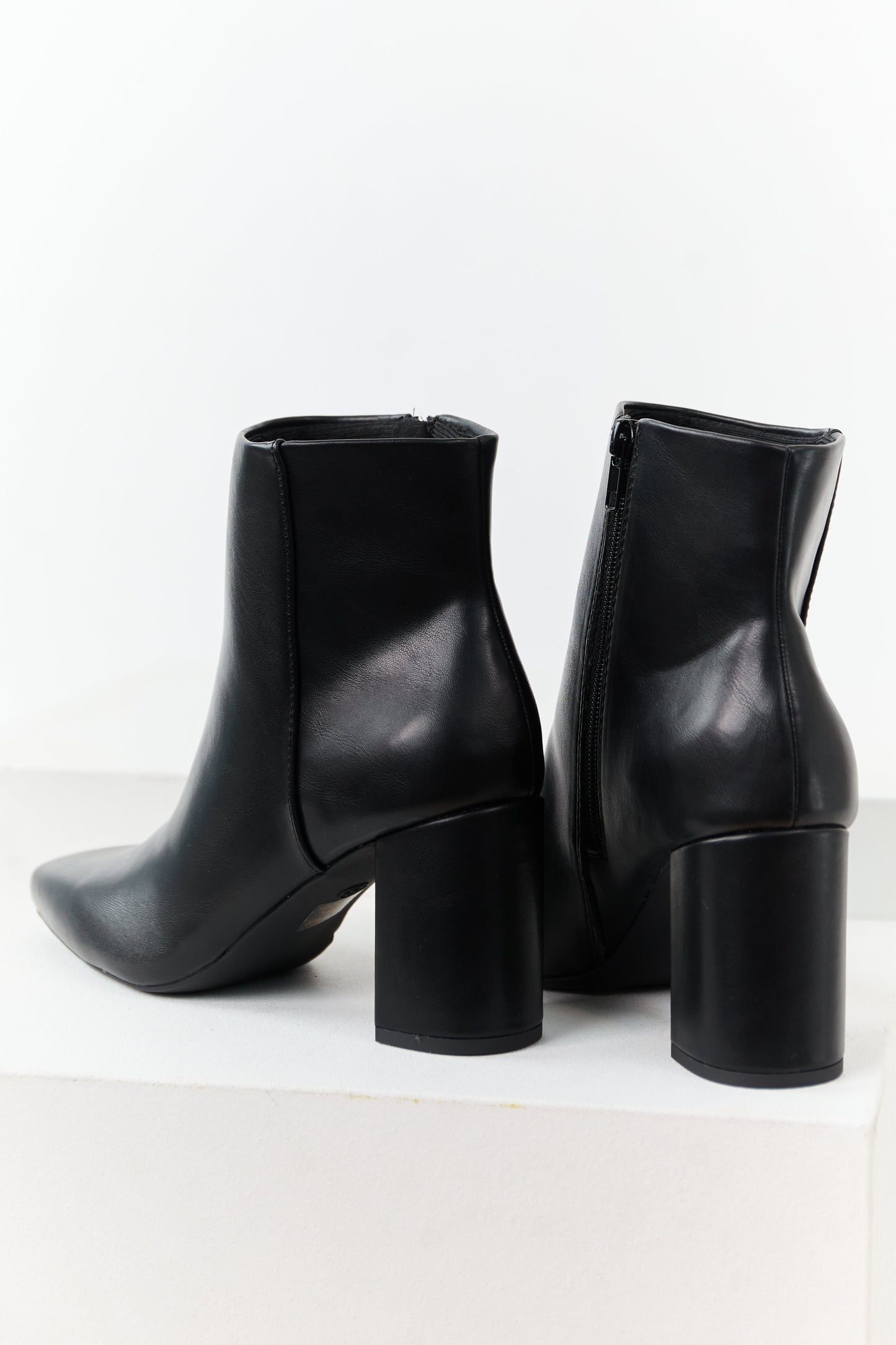 Black Faux Leather Block Heel Pointed Toe Booties