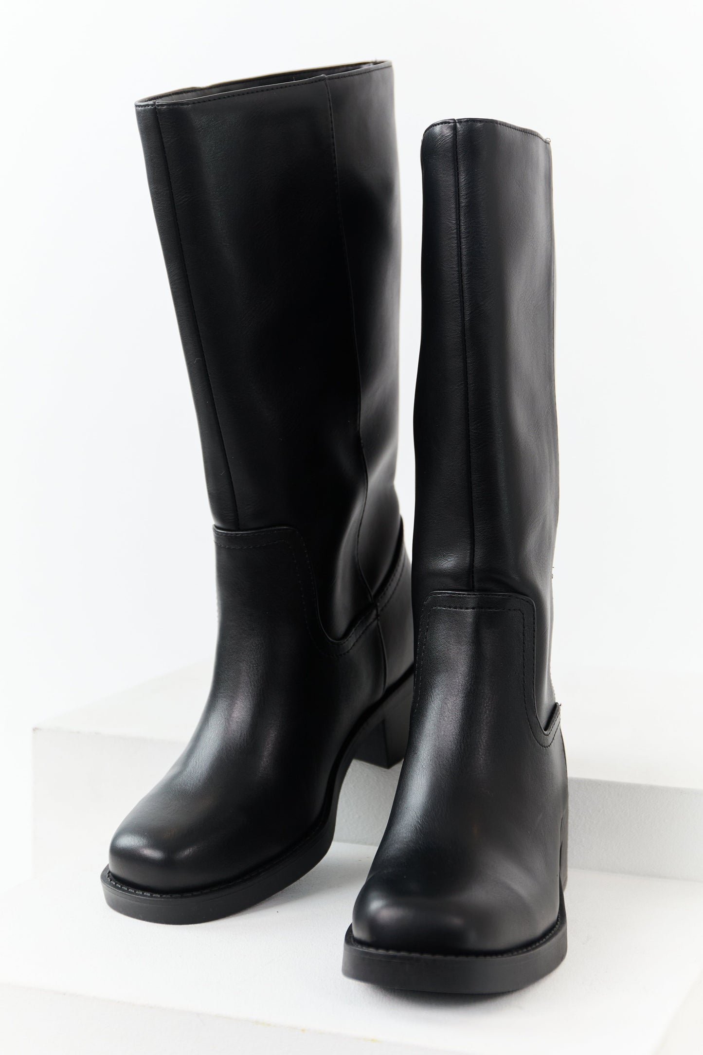 Black Faux Leather Block Heel Tall Riding Boots