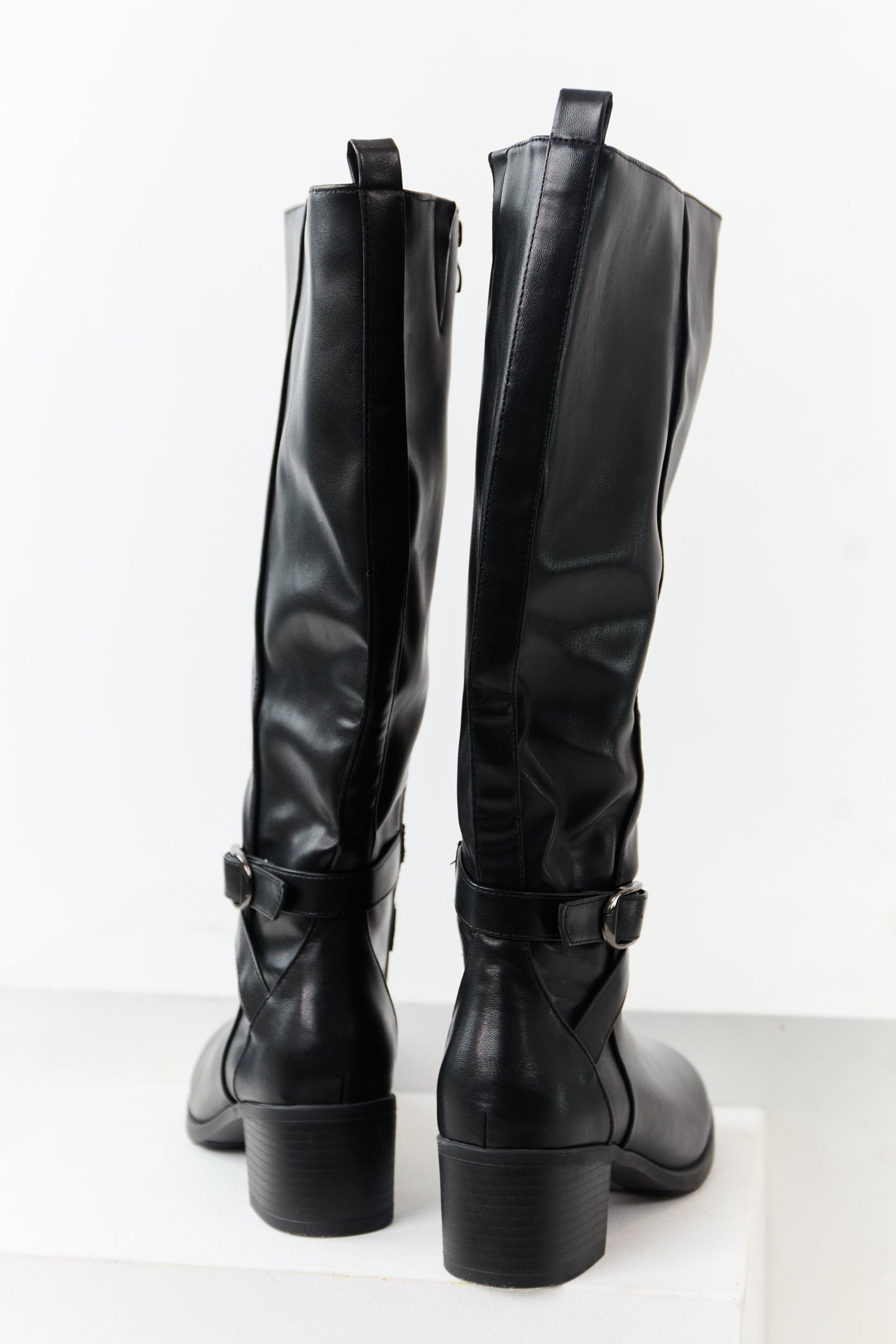 Black Faux Leather Knee High Block Heel Boots